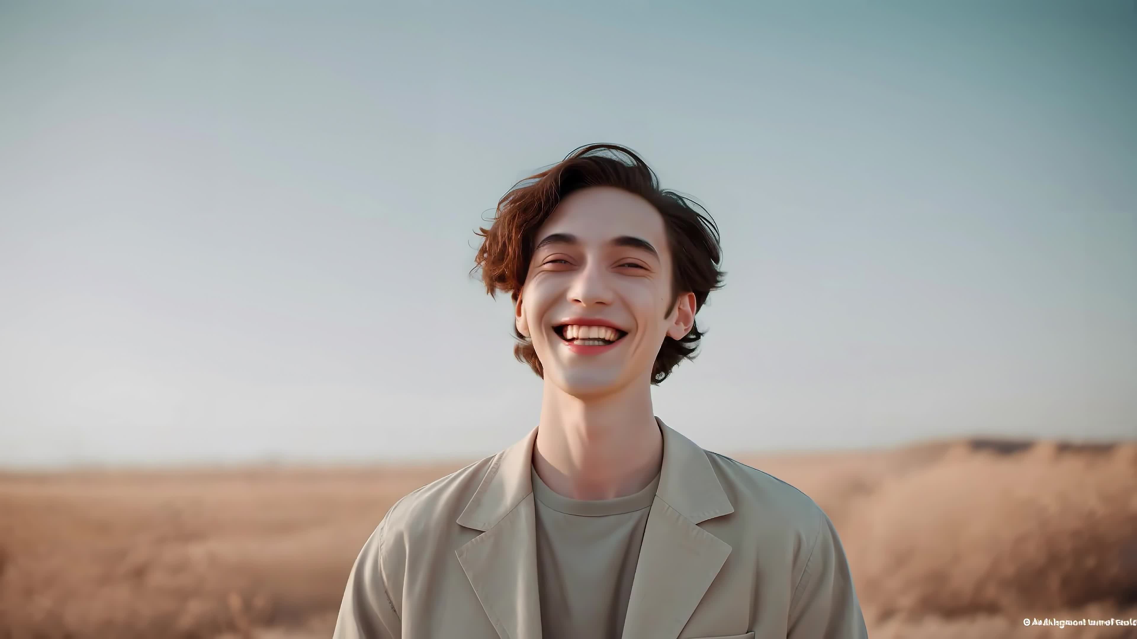 Young man laughing happily in golden desert landscape during sunny afternoon - 4K video.