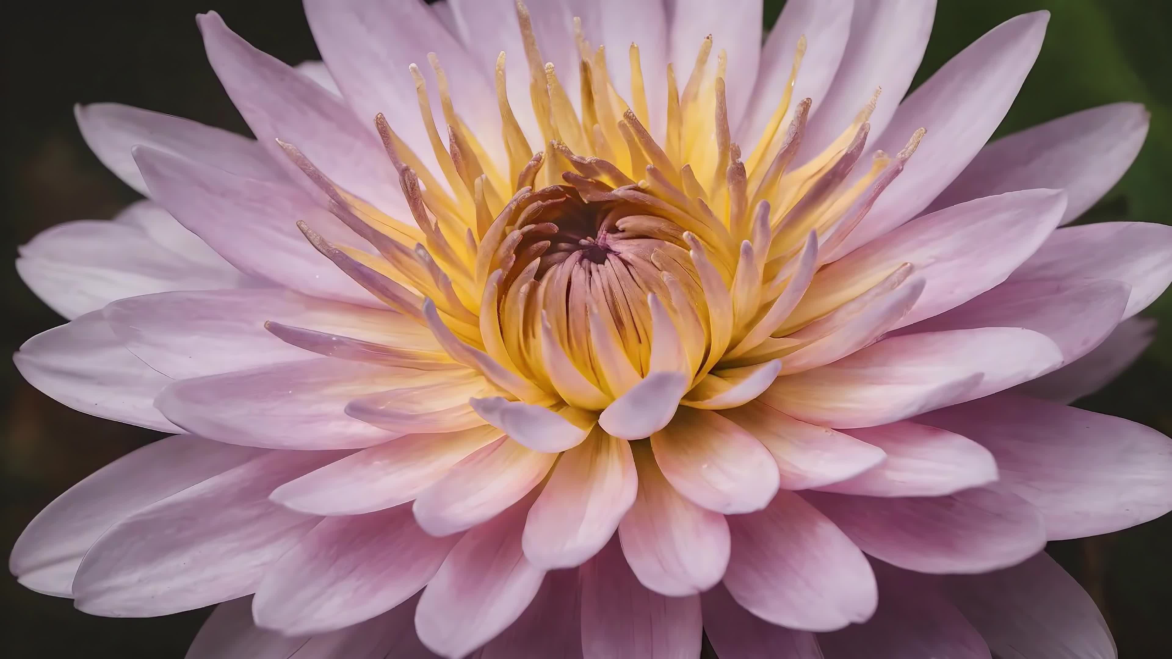 Delicate pink water lily blooming peacefully atop a sunlit pond surrounded by lush green foliage and glistening dewdrops - 4K video.