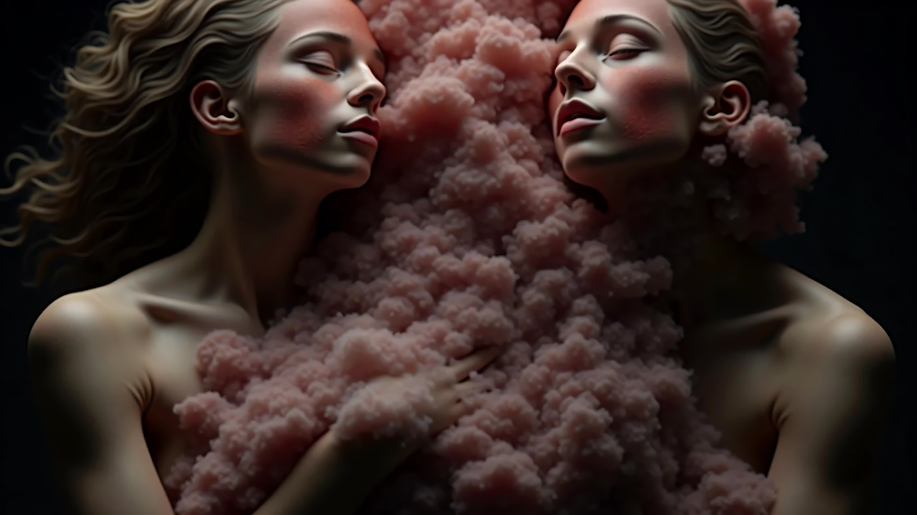 4K video ethereal twin women embracing pink smoke in surreal romantic fantasy art.