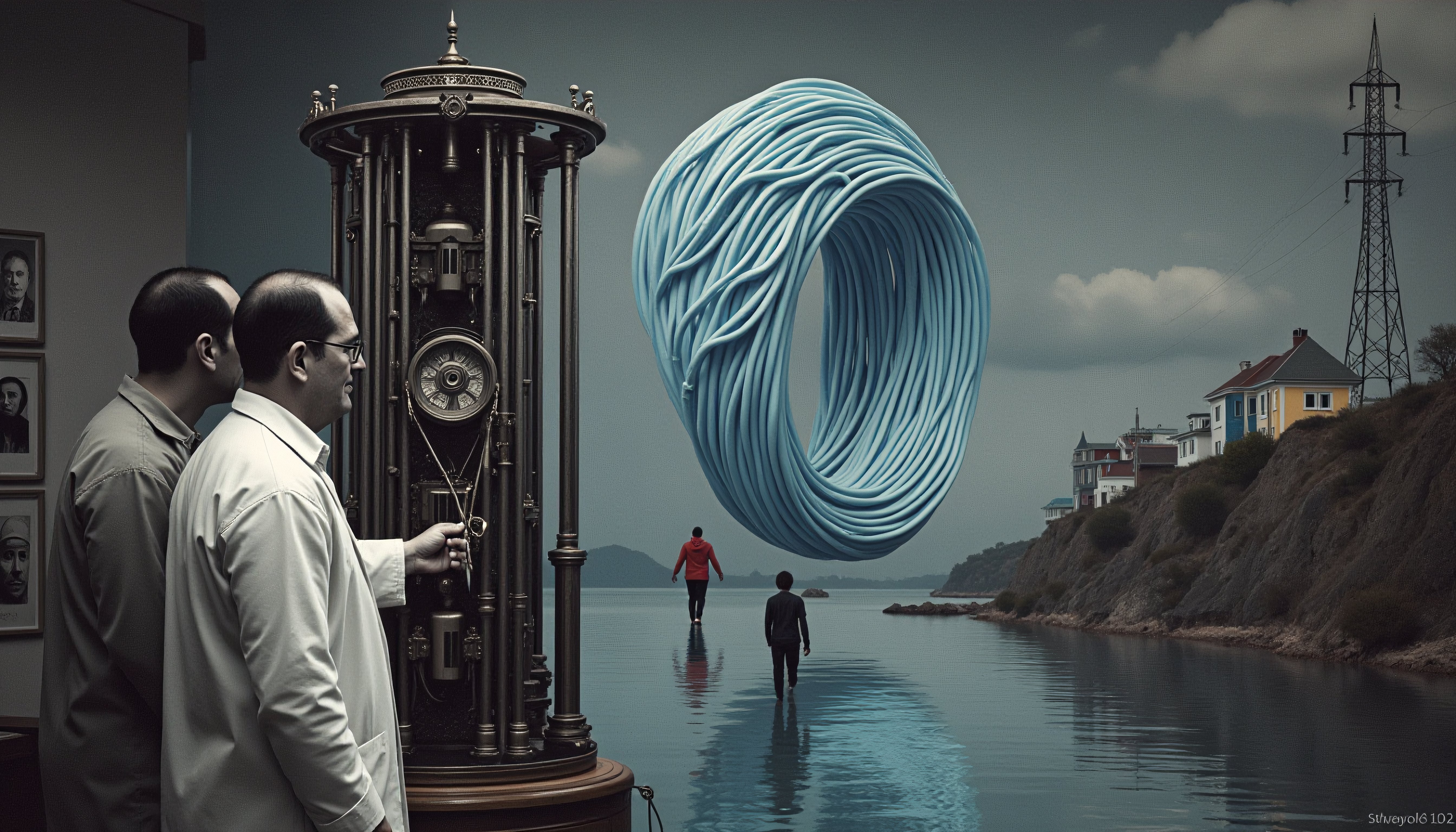 Steampunk Mechanical Device and Blue Spiral Over Coastal Waterfront