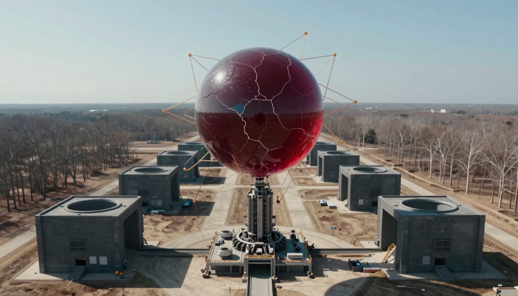 Aerial View of Futuristic Red Sphere Amid Industrial Complex