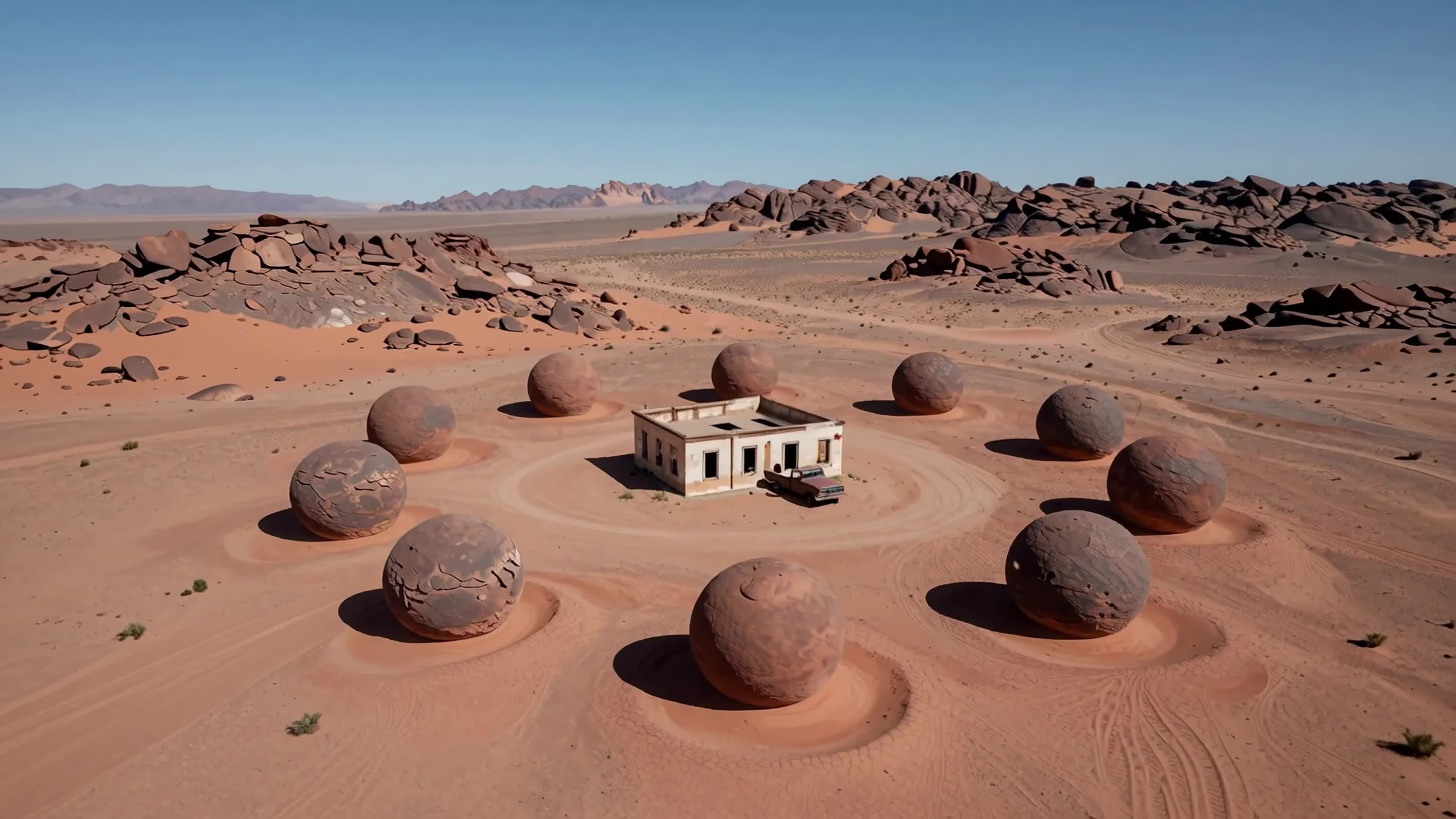 Aerial view of mysterious spherical stones surrounding an old building amidst vast desert sands near modern industrial facilities - 4K video.