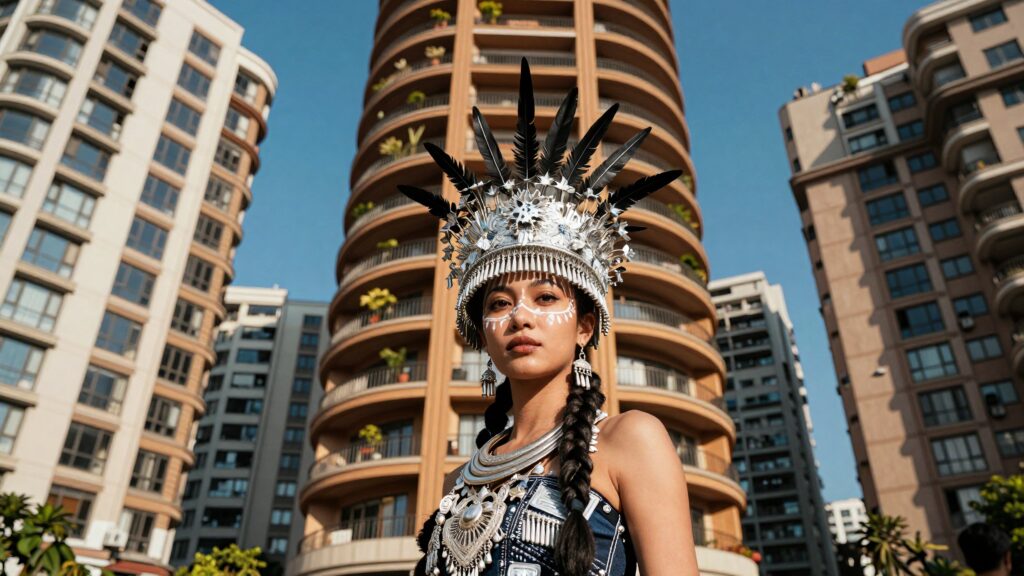 Model in Indigenous Headdress Against Modern Urban Skyscrapers