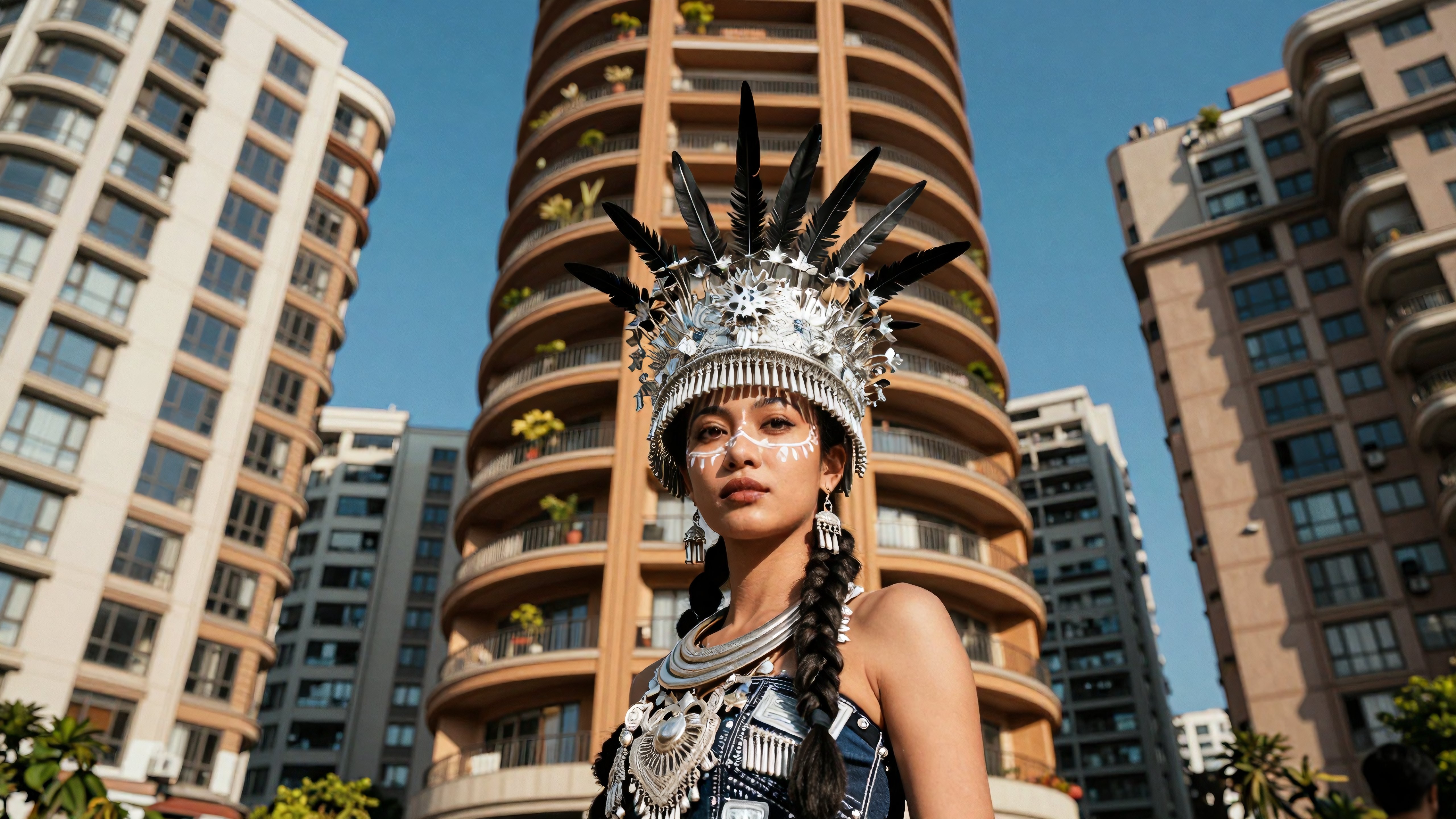 Model in Indigenous Headdress Against Modern Urban Skyscrapers