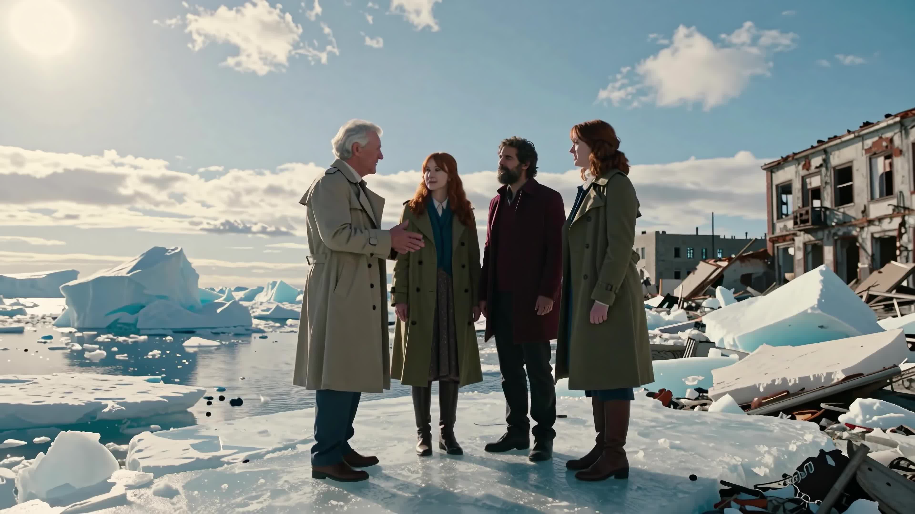 Four explorers stand amid crumbling Arctic ruins surrounded by floating icebergs under bright skies during a chilling scientific mission - 4K video.