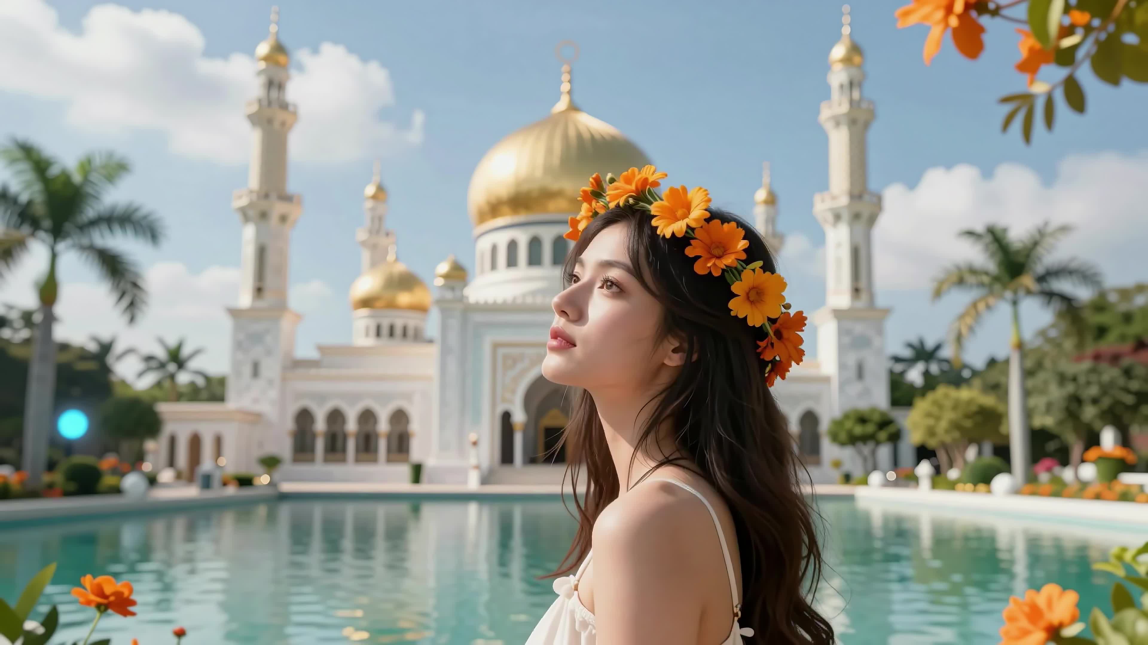 4K video of a beautiful young woman adorned with an orange blossom crown gazes upward beside a majestic golden-domed mosque surrounded by lush palms and reflecting pools on a sunny day.
