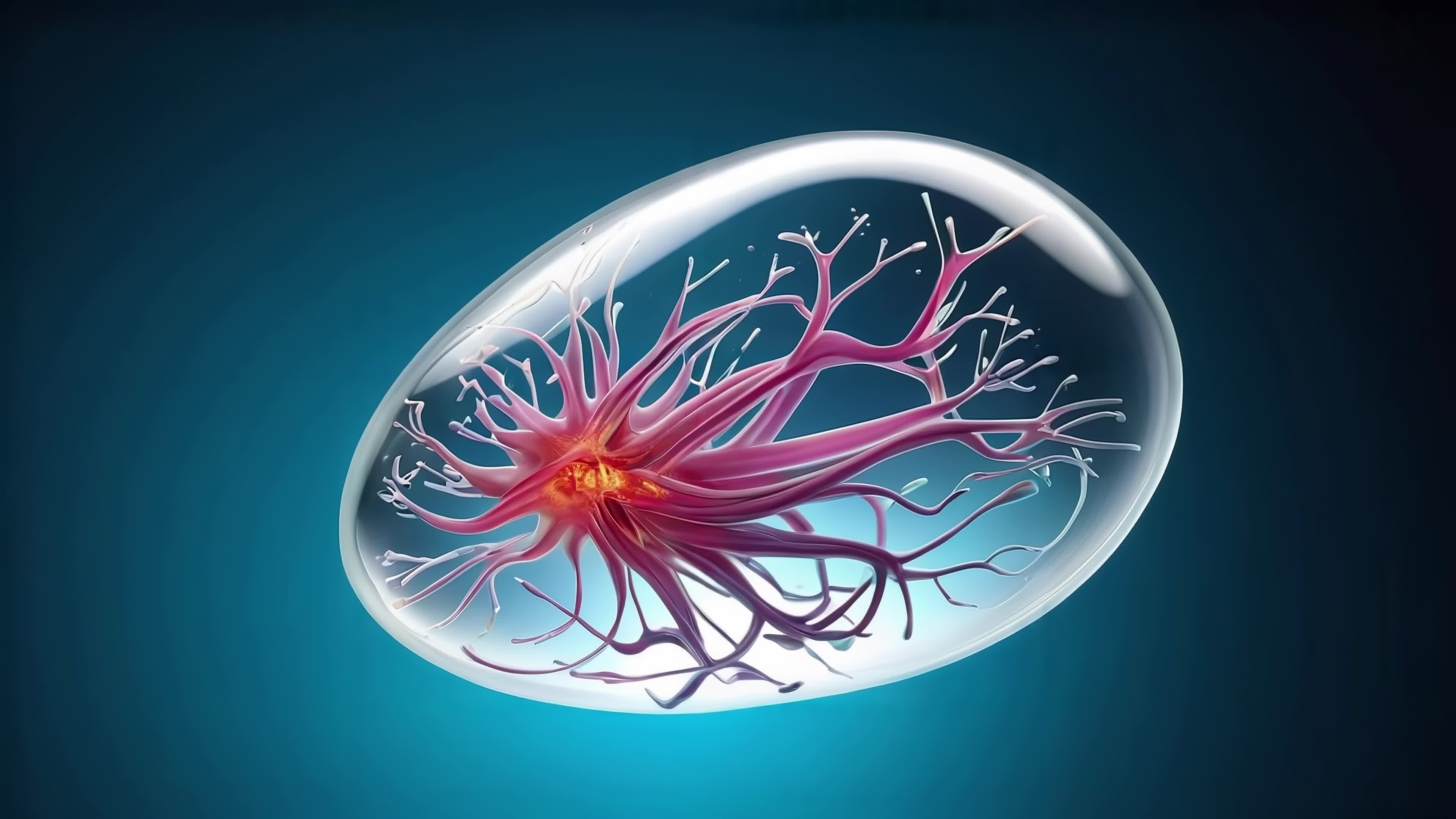 Glowing abstract neuron network floating amidst cosmic bubbles with radiant branches and vivid colors, 4K video.