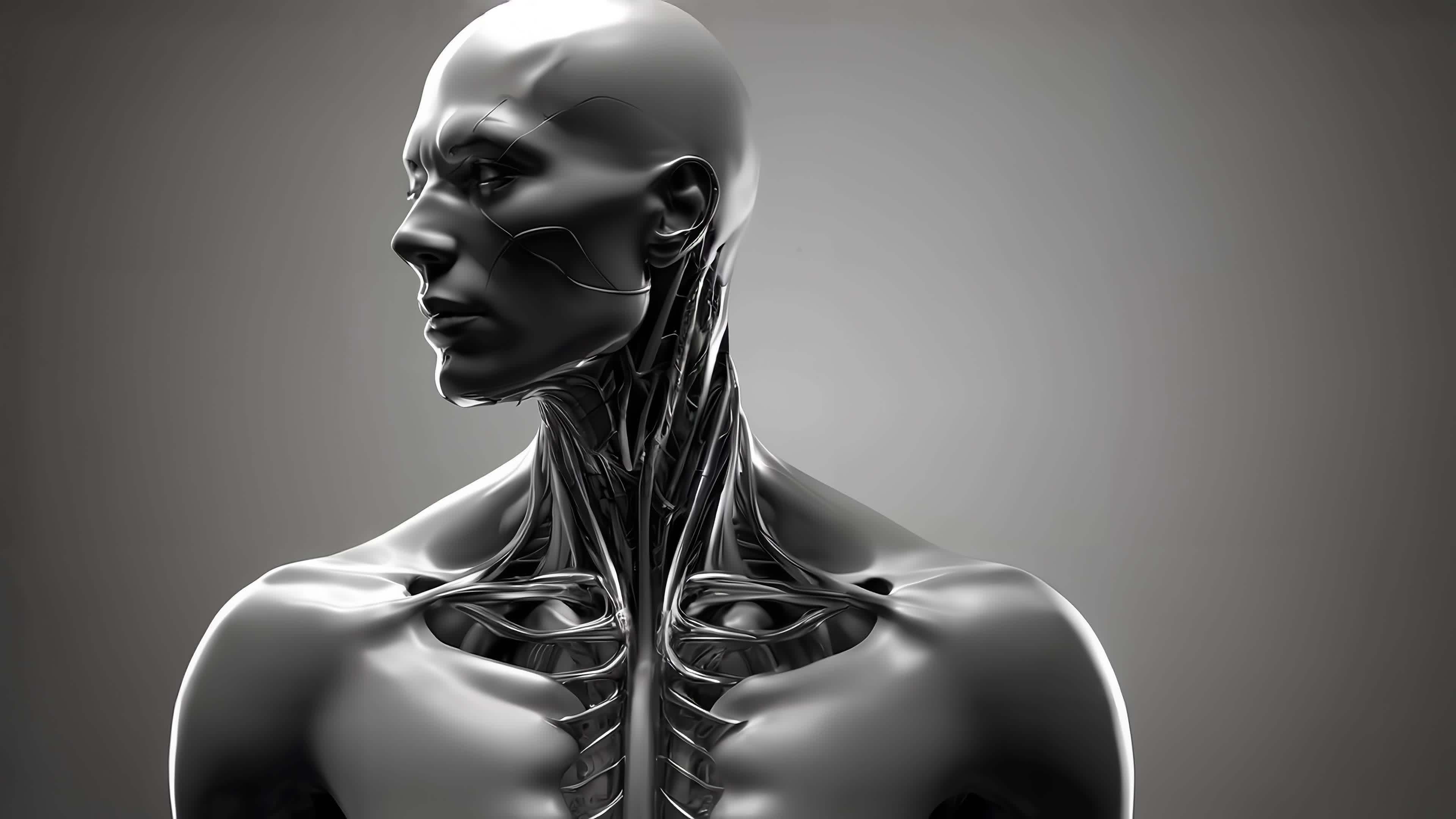 Cyberpunk cyborg male sculpture showcasing intricate muscle and neural pathways against minimalist studio backdrop - 4K video.