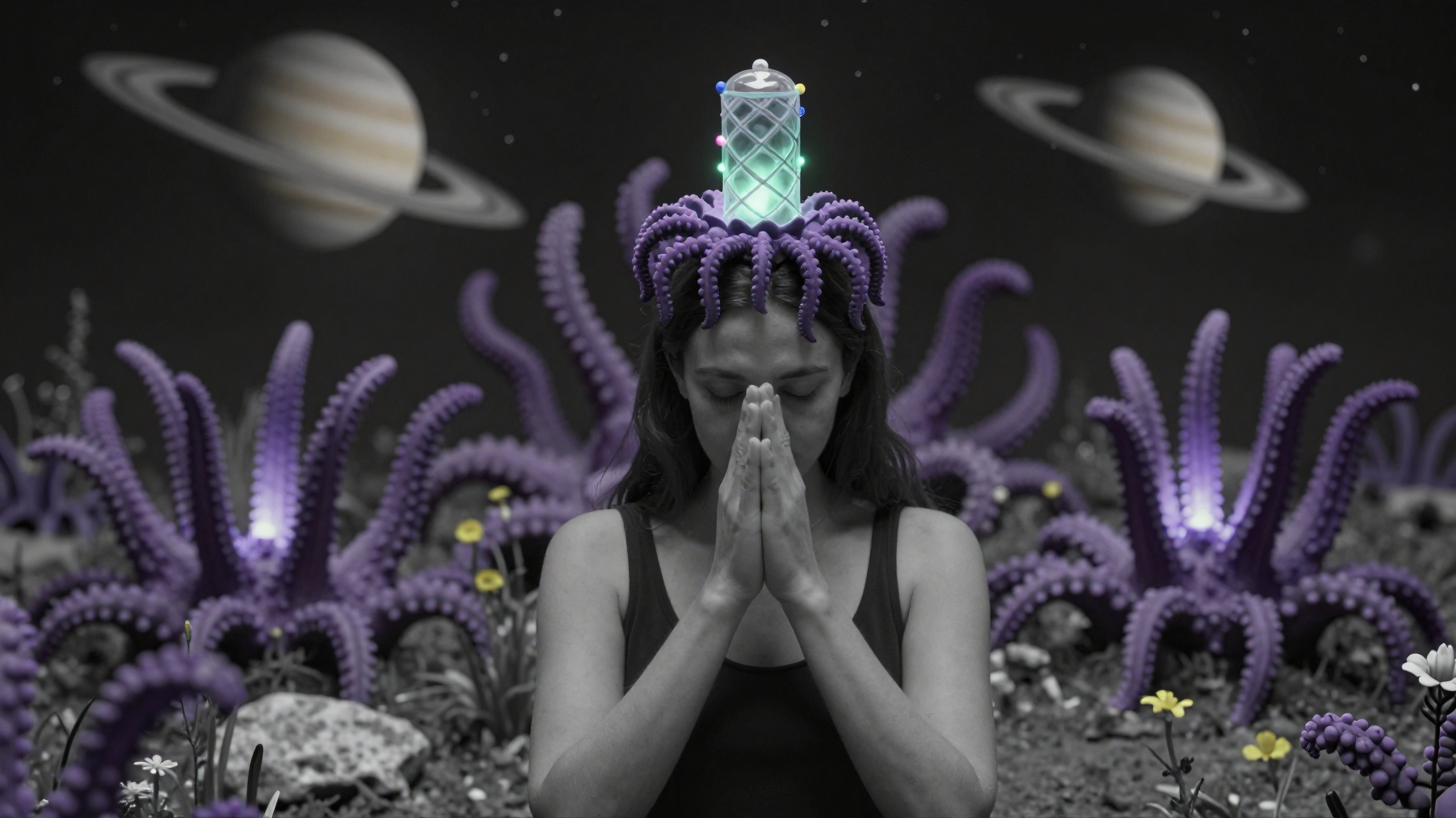Prayerful Figure with Cosmic Tentacles and Planets