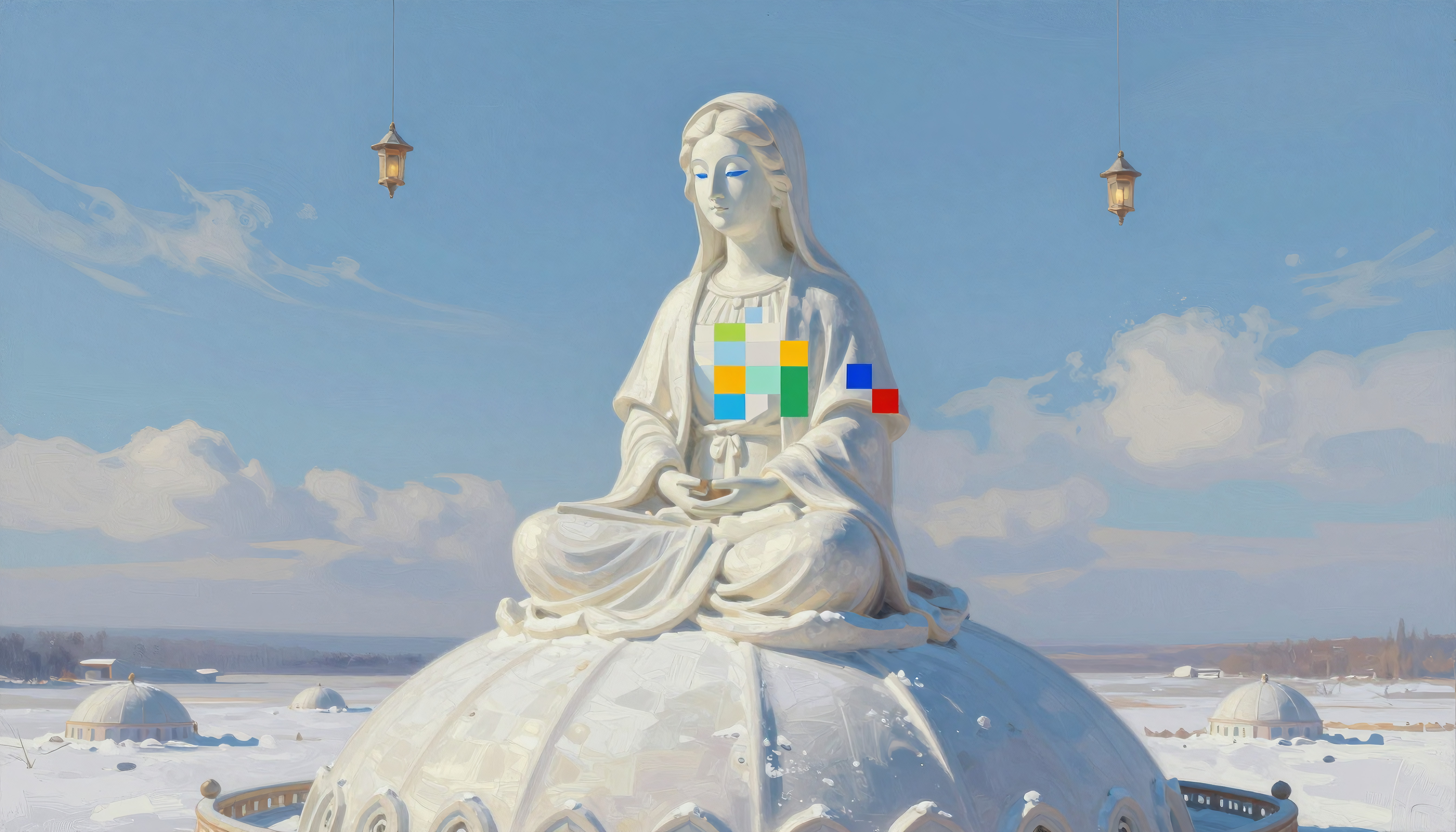 Statue of a Seated Figure on a Dome in a Cold, Open Landscape