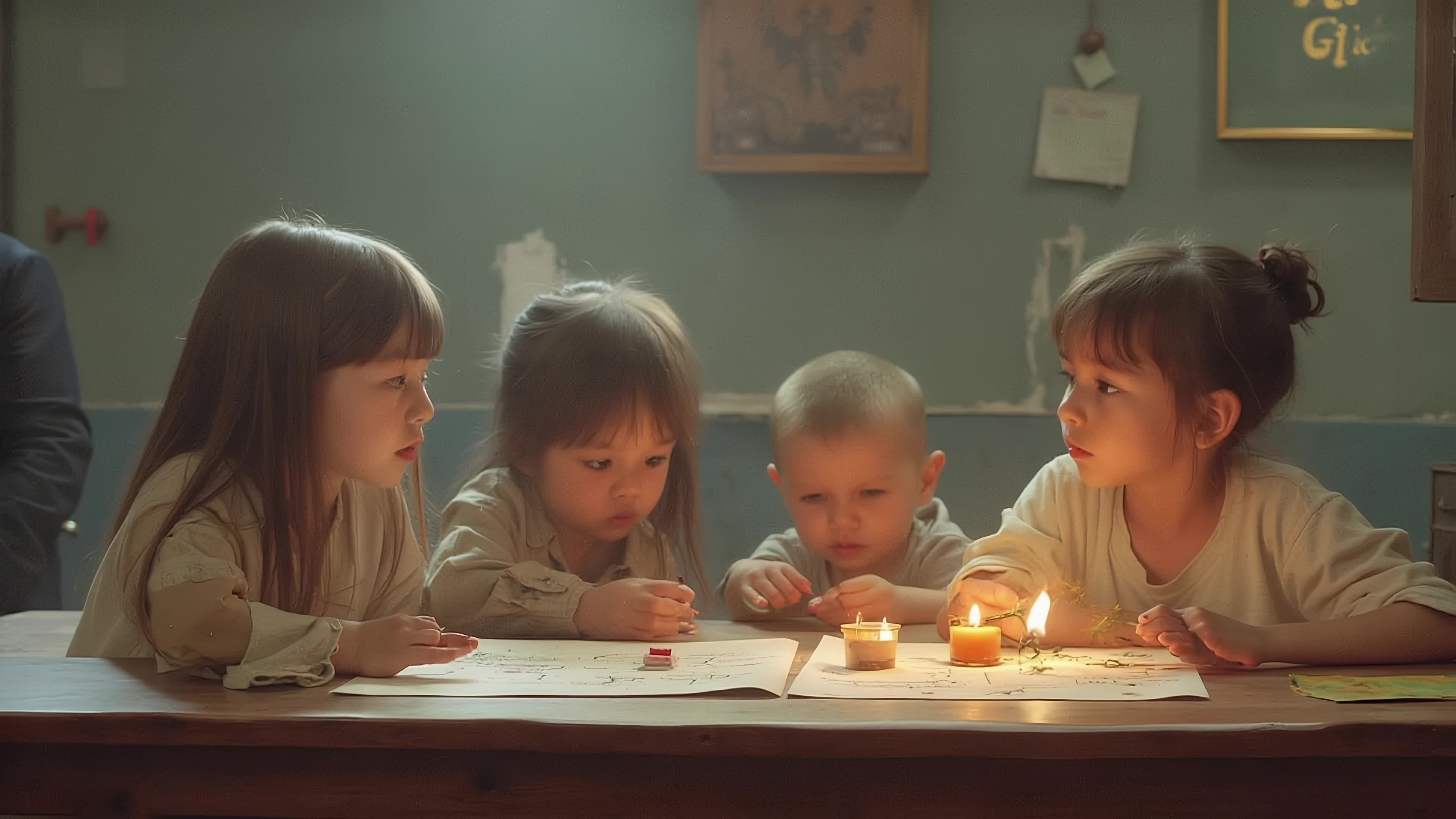 Four children gather around a lit candlelit table inside an old-fashioned classroom, deeply engaged in reading or drawing together, surrounded by historic decor that speaks volumes of past teachings—capturing moments where light meets longing for wisdom even when resources are sparse.