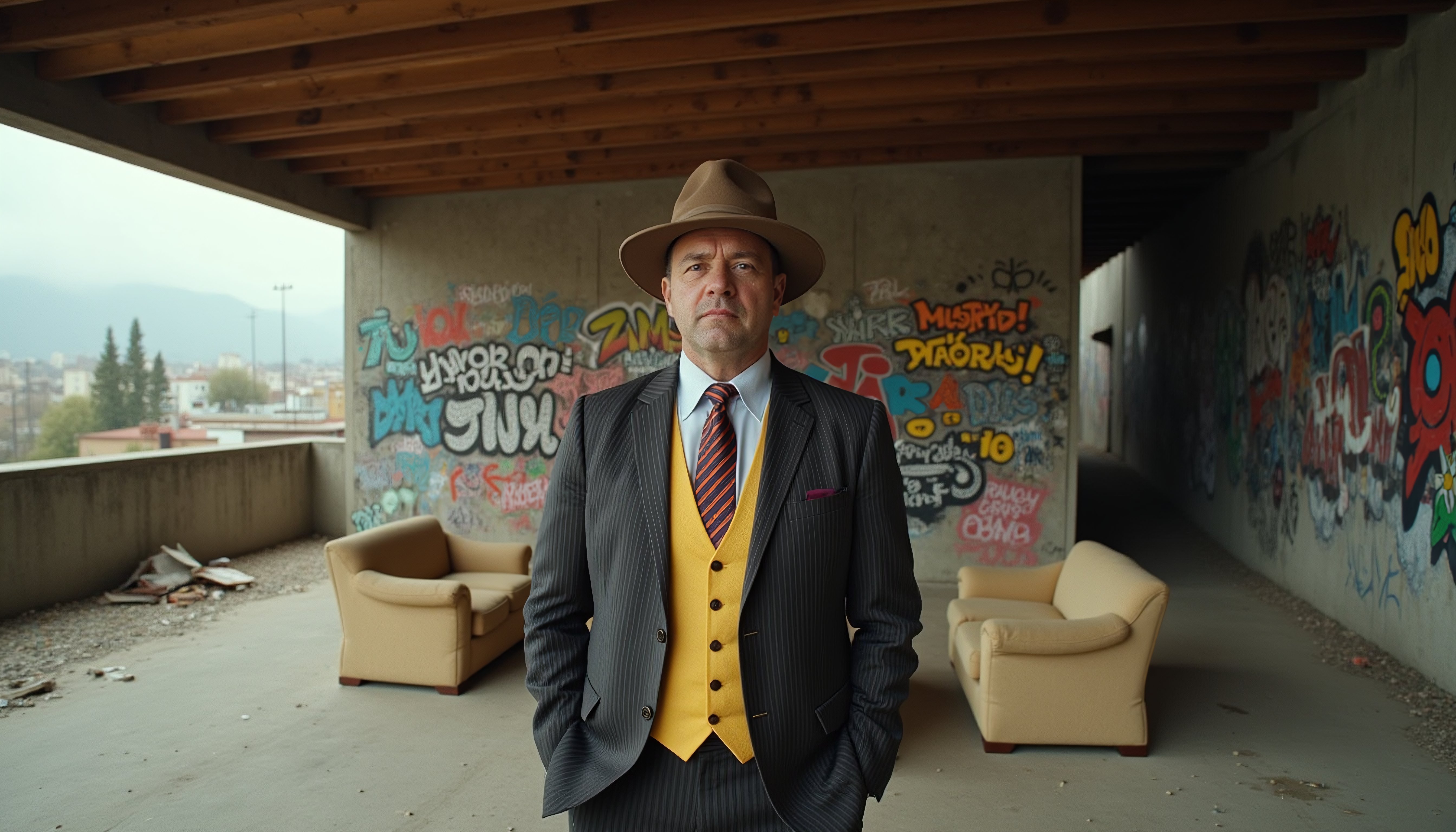 Man in Formalwear Amidst Urban Graffiti Underpass