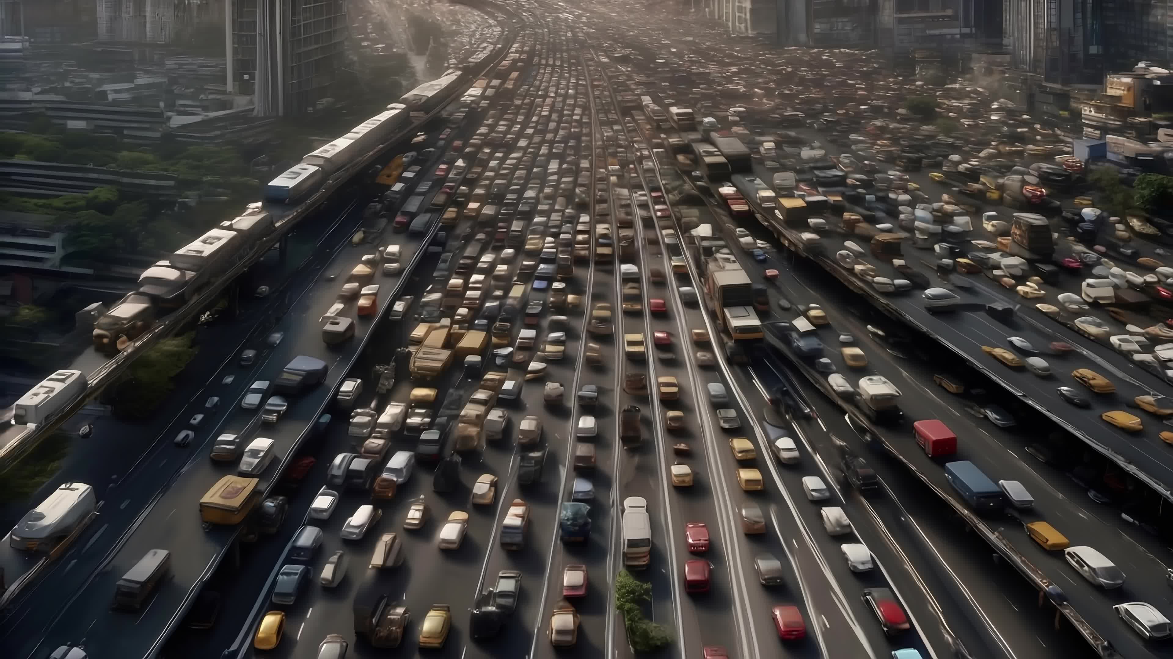 Aerial view of massive traffic jam on multilane highway surrounded by tall skyscrapers during sunrise or sunset with haze and pollutants visible; dynamic urban landscape featuring busy roads, elevating trains, various types of vehicles including taxis, buses, trucks, and private cars navigating through congestion amidst towering modern buildings creating a visually overwhelming depiction of city hustle and bustle.