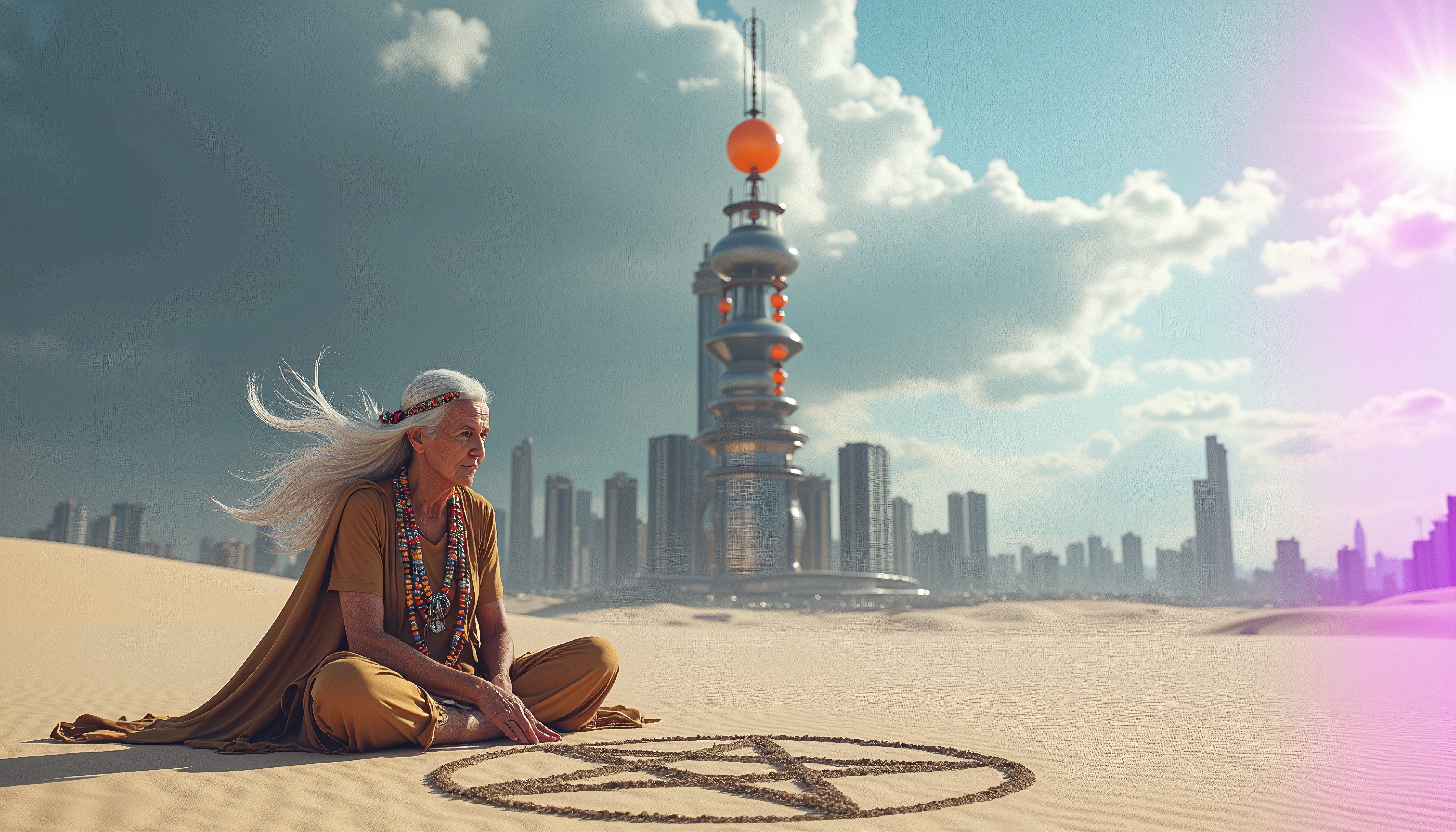 Elderly Woman in Desert with Futuristic Cityscape Background