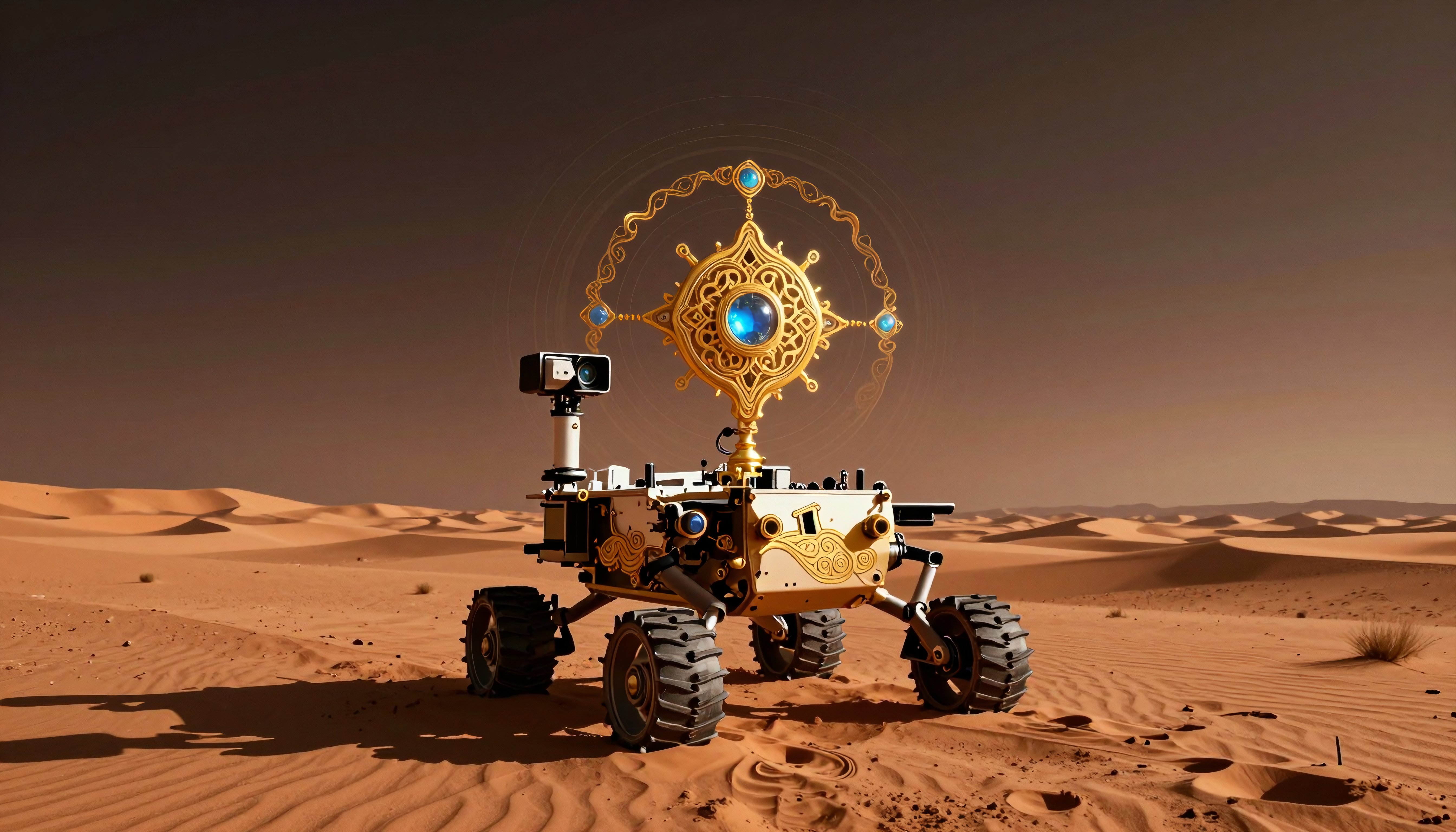 Golden Ornate Robotic Rover in Desert Landscape