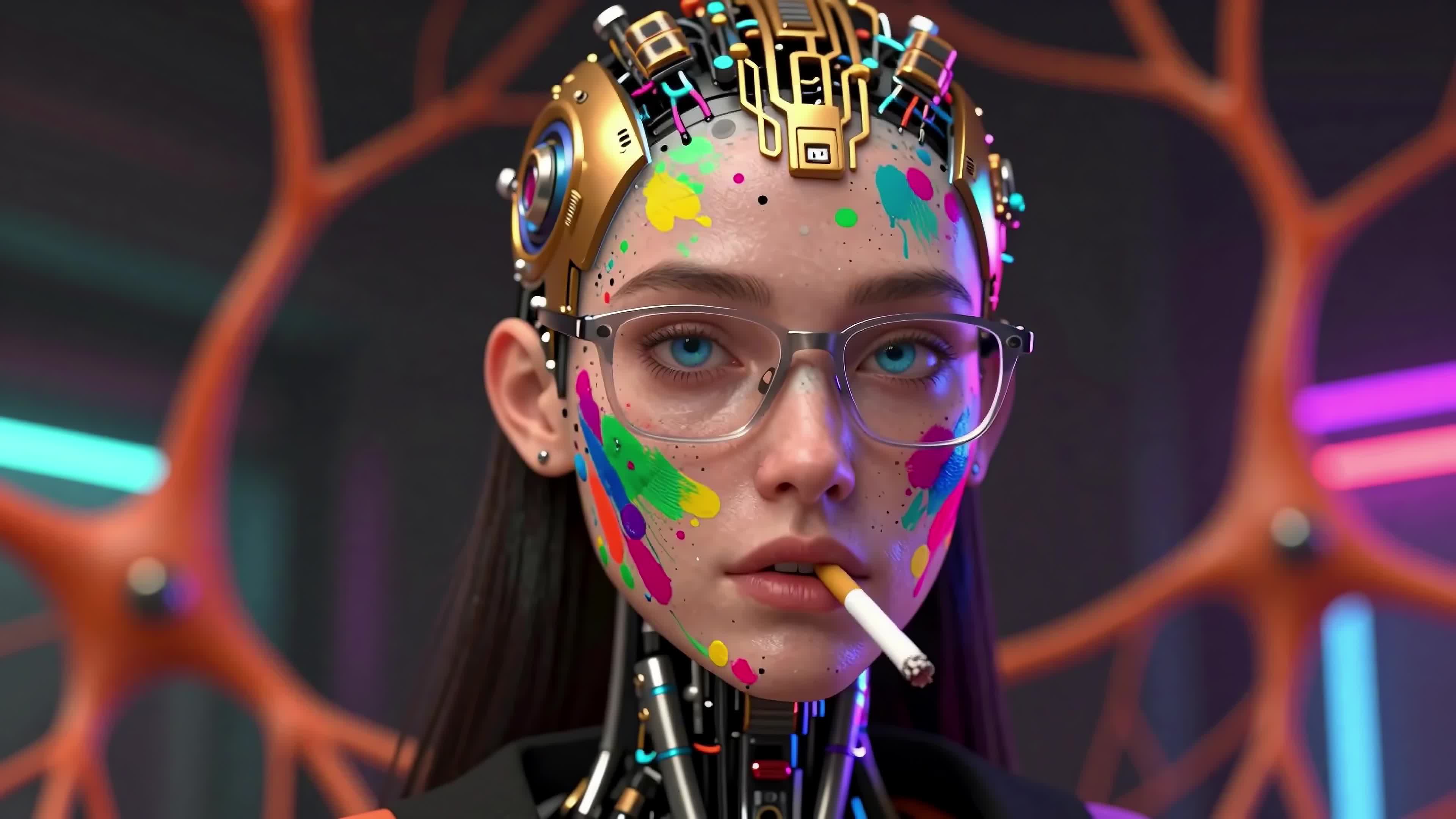 4K video of a transhuman with circuitry smoking a cigarette in a science lab.