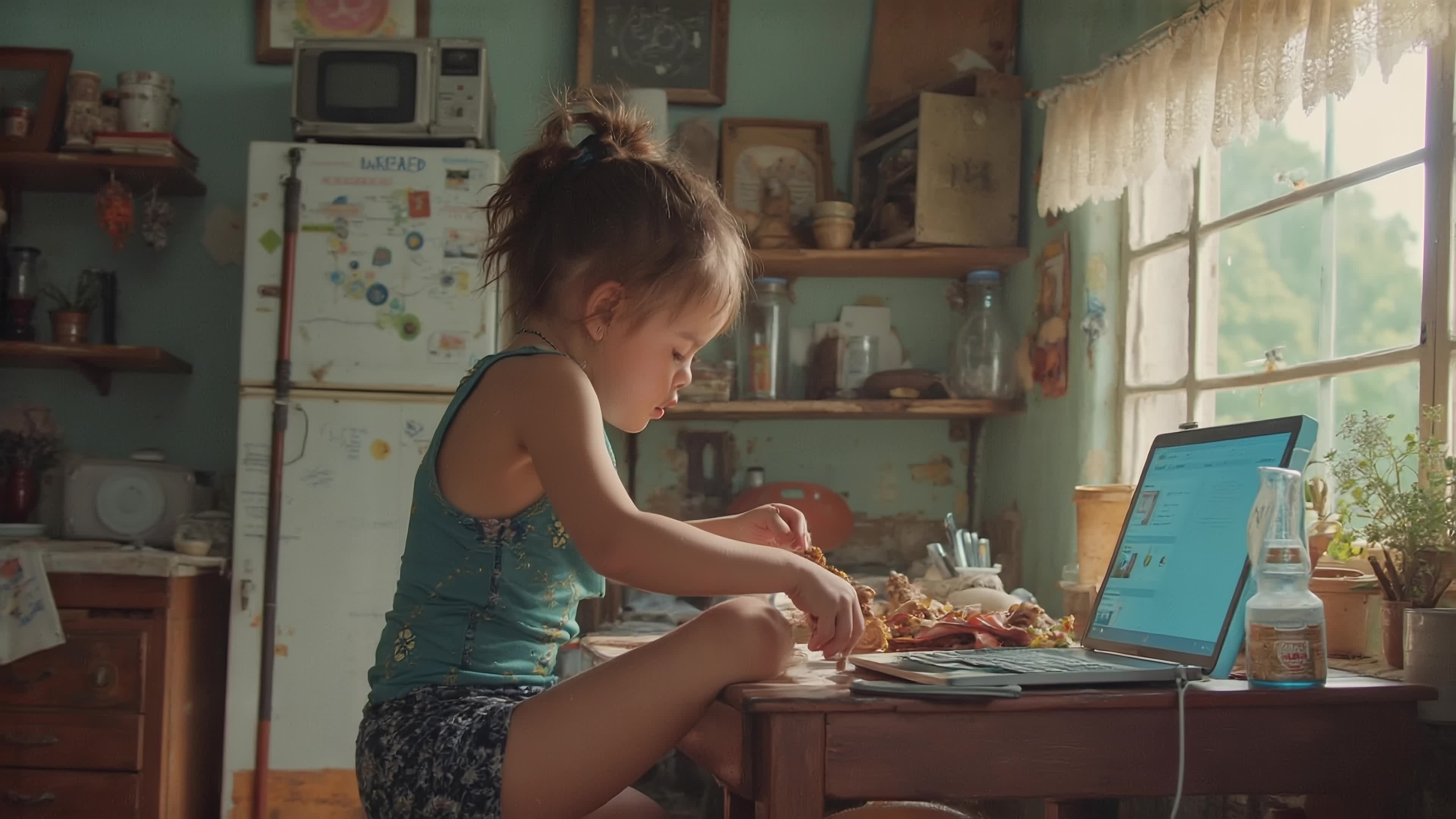 4K video of an adorable little girl enjoying breakfast amidst sunlit retro kitchen decor with laptop nearby.