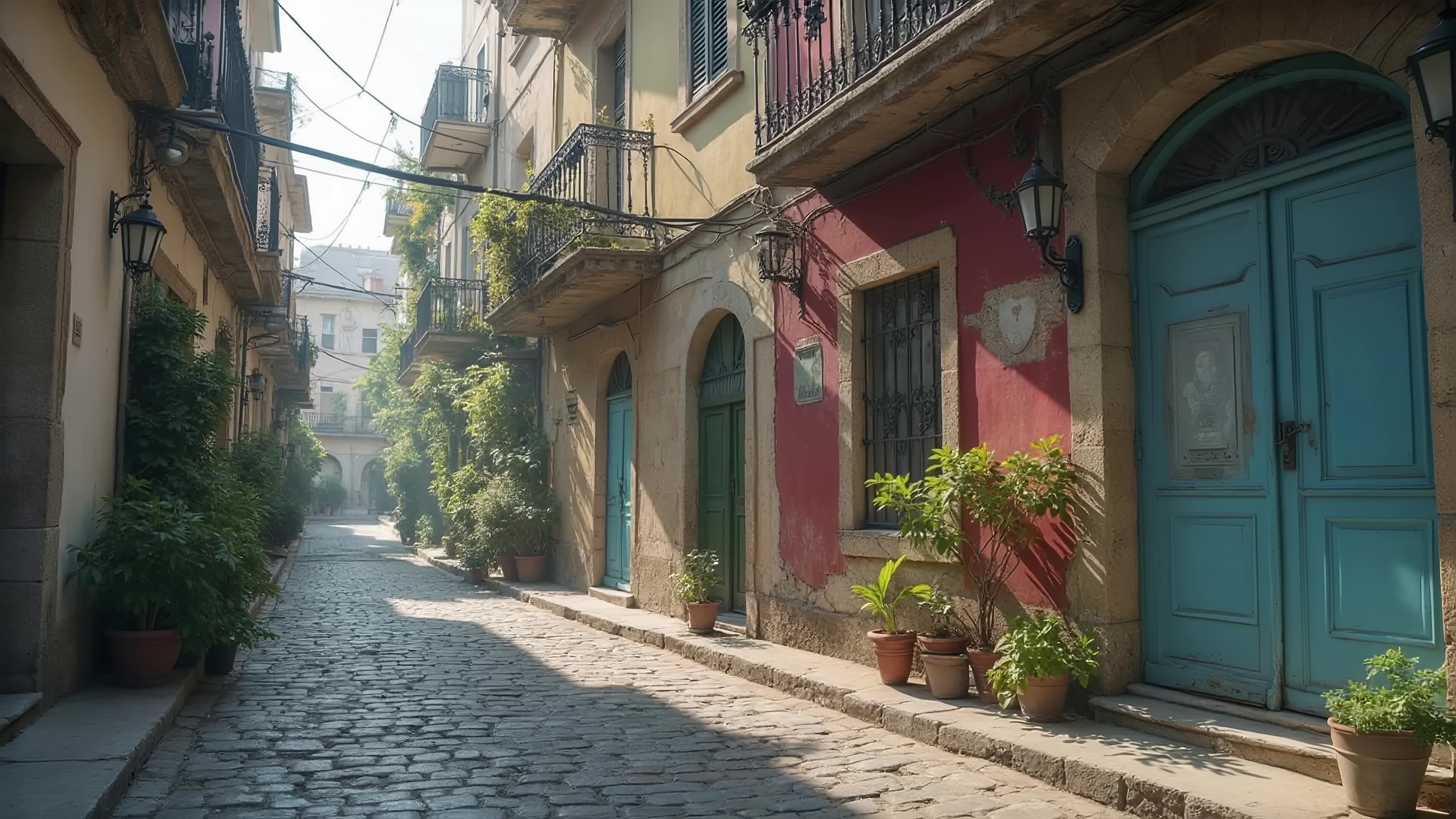 A sun-kissed European alleyway lined with colorful houses, vines, plant-filled patios, and elegant doors under dappled daylight — perfect for travelers seeking serenity amidst history-rich streetscapes.