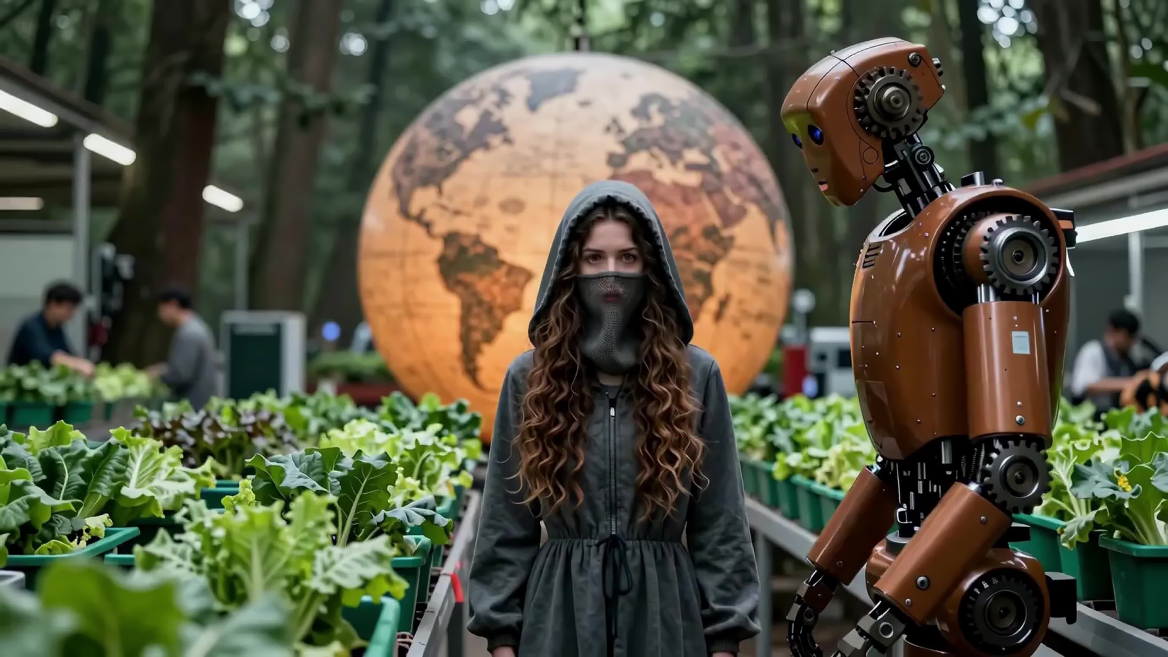 Woman in cloak standing next to robot amidst futuristic vegetable farm with giant Earth hologram behind her - 4K video.