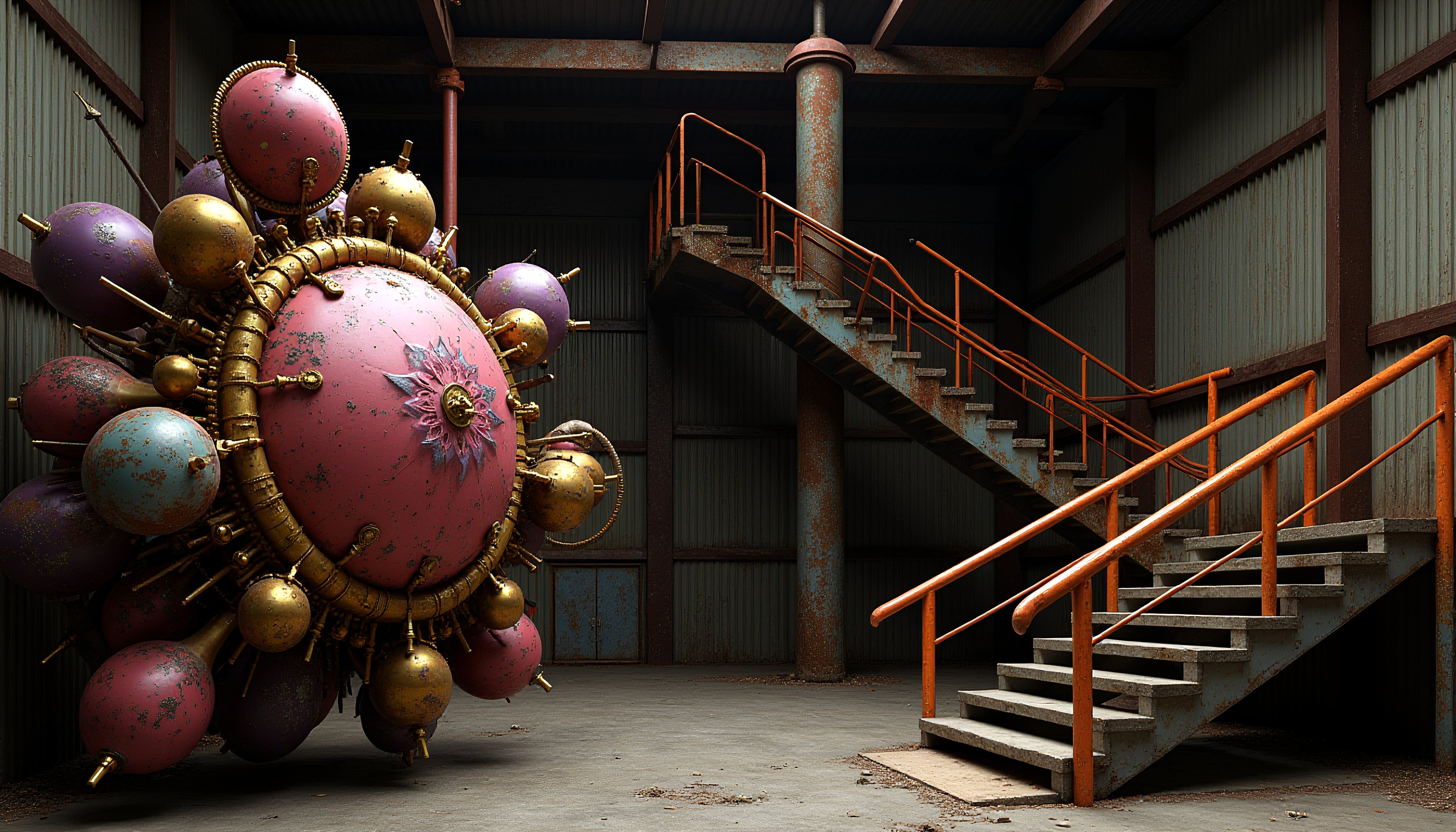 Abandoned Warehouse with Intricate Mechanical Sphere Installation