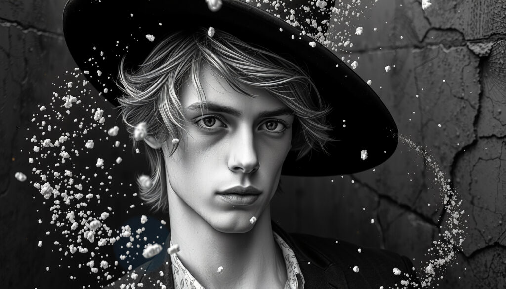 Dramatic portrait of a young man in a hat amidst exploding particle effects