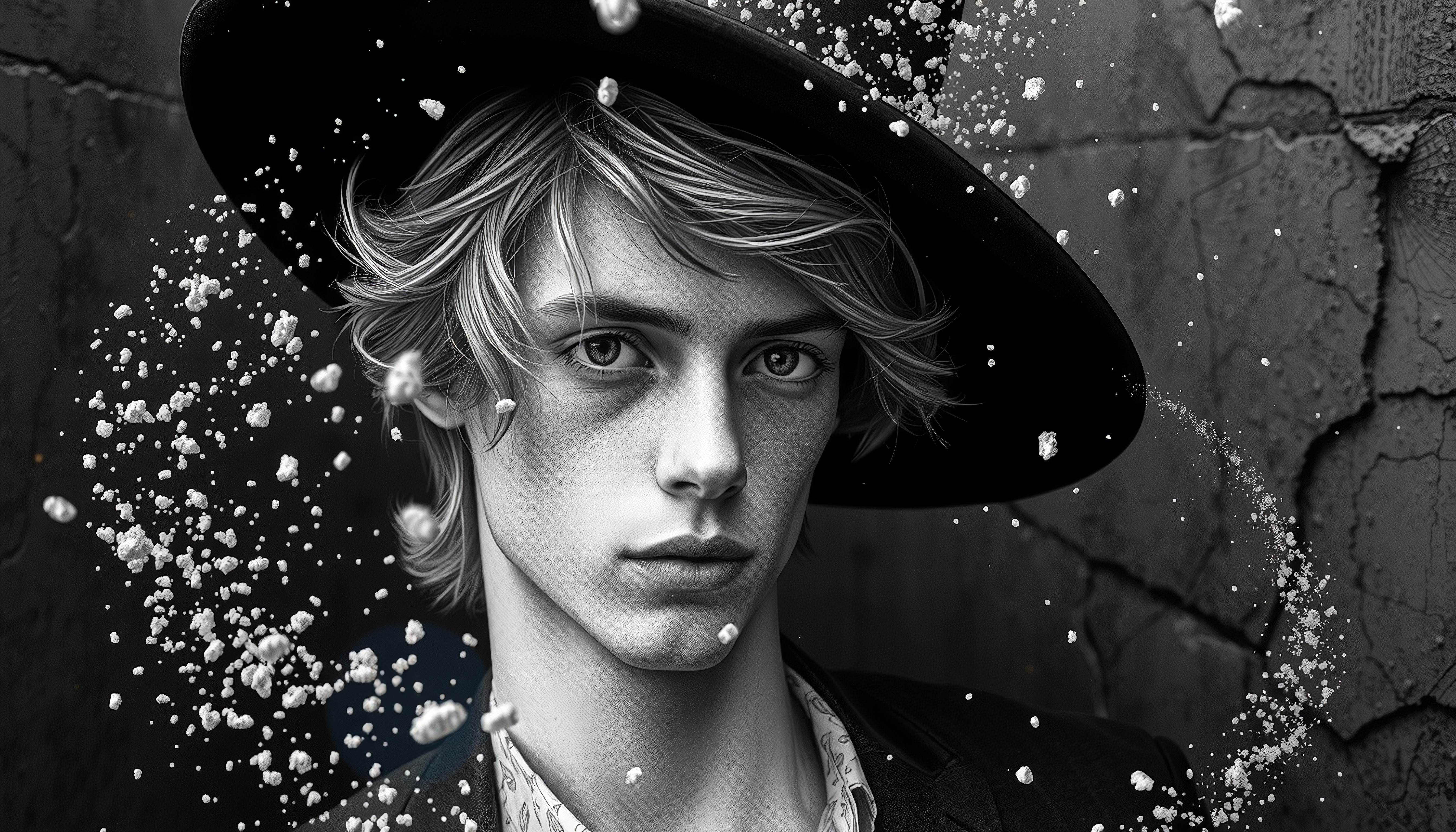 Dramatic portrait of a young man in a hat amidst exploding particle effects