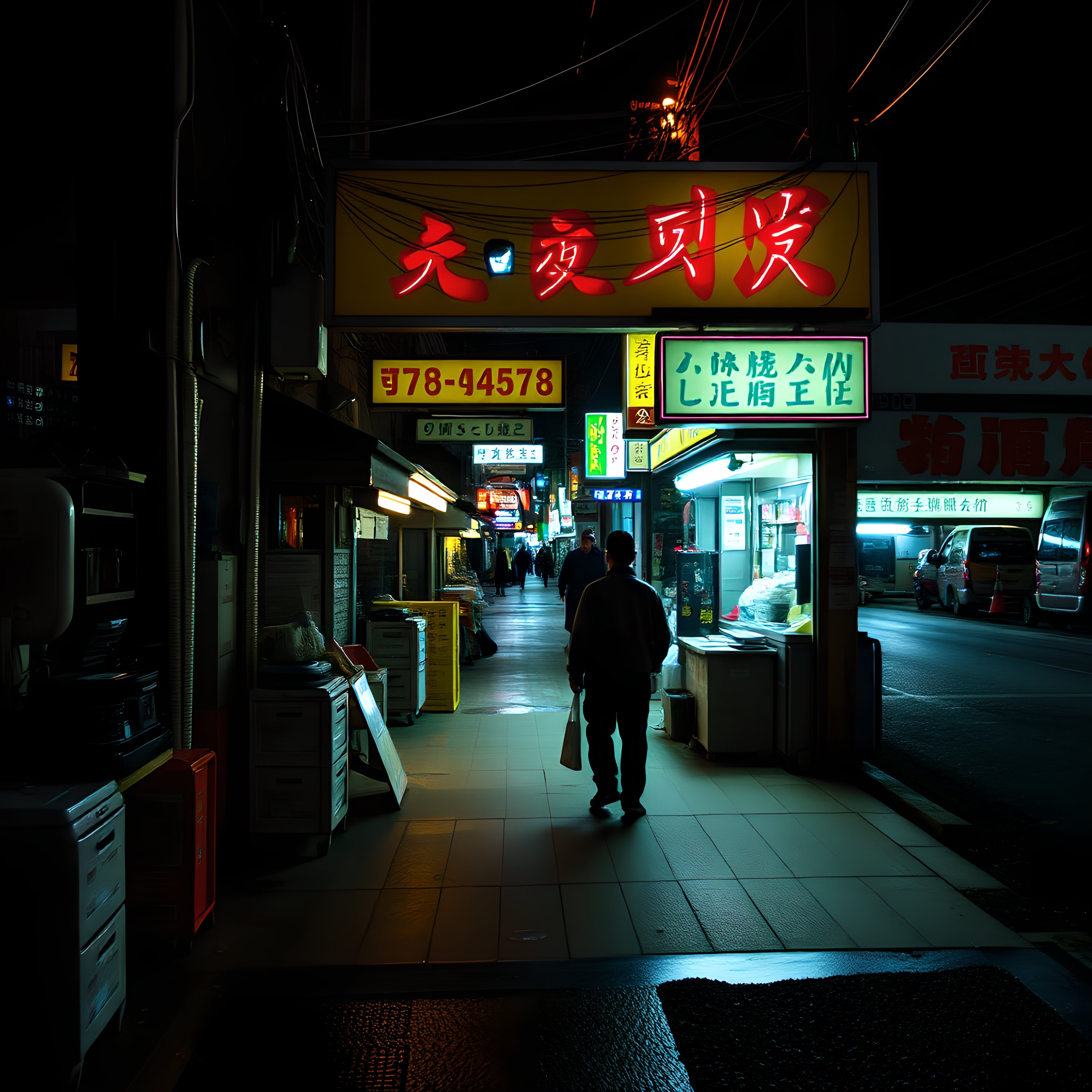 Night Street in Japan with Neon Signs and Silhouetted Pedestrian