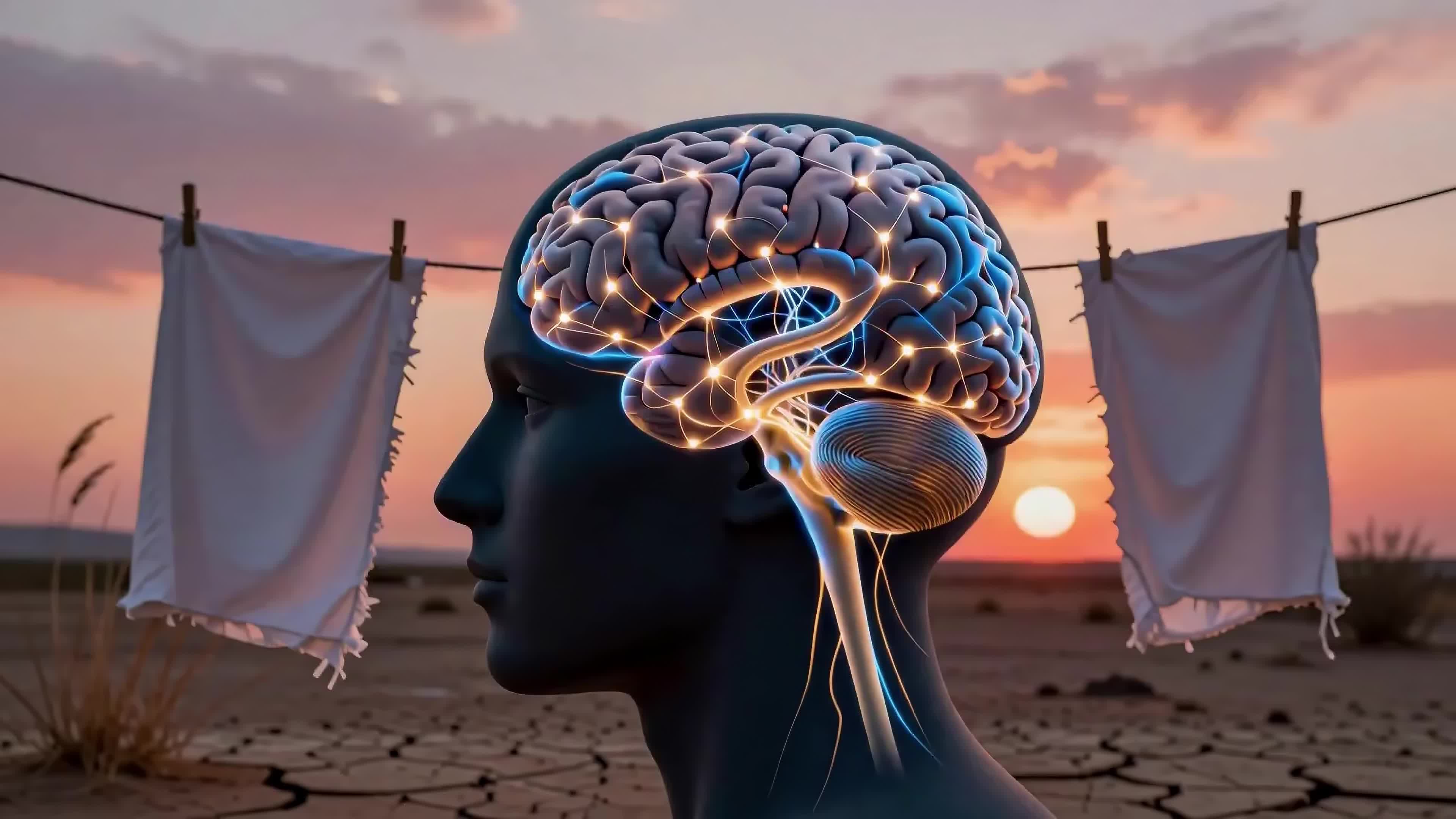 Surreal sunset portrait showing transparent glowing brain inside mannequin head hanging laundry near desert sand dune - 4K video.