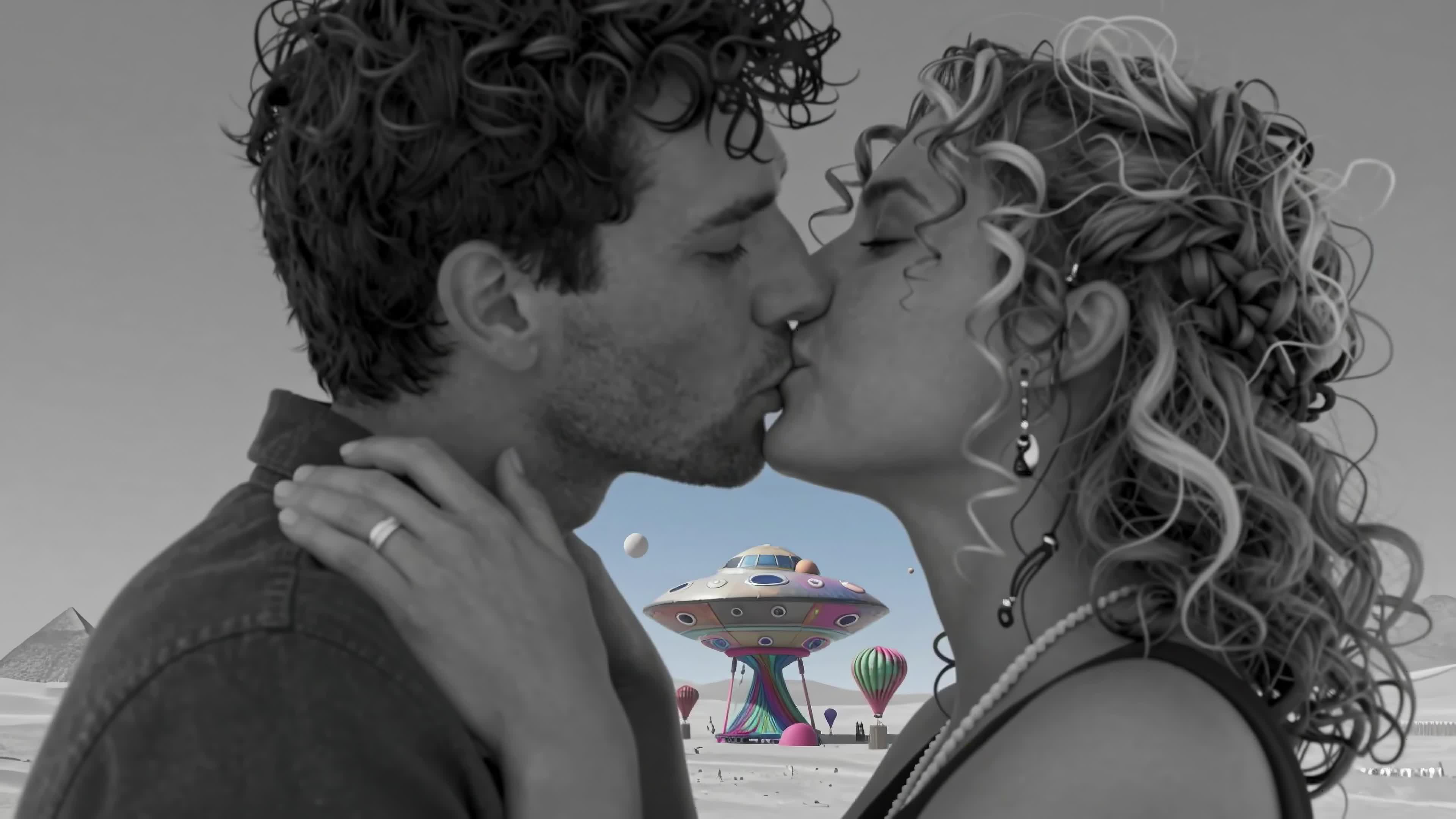 Romantic couple sharing passionate kiss amid fantastical alien-themed desert landscape during colorful sunset - 4K video.