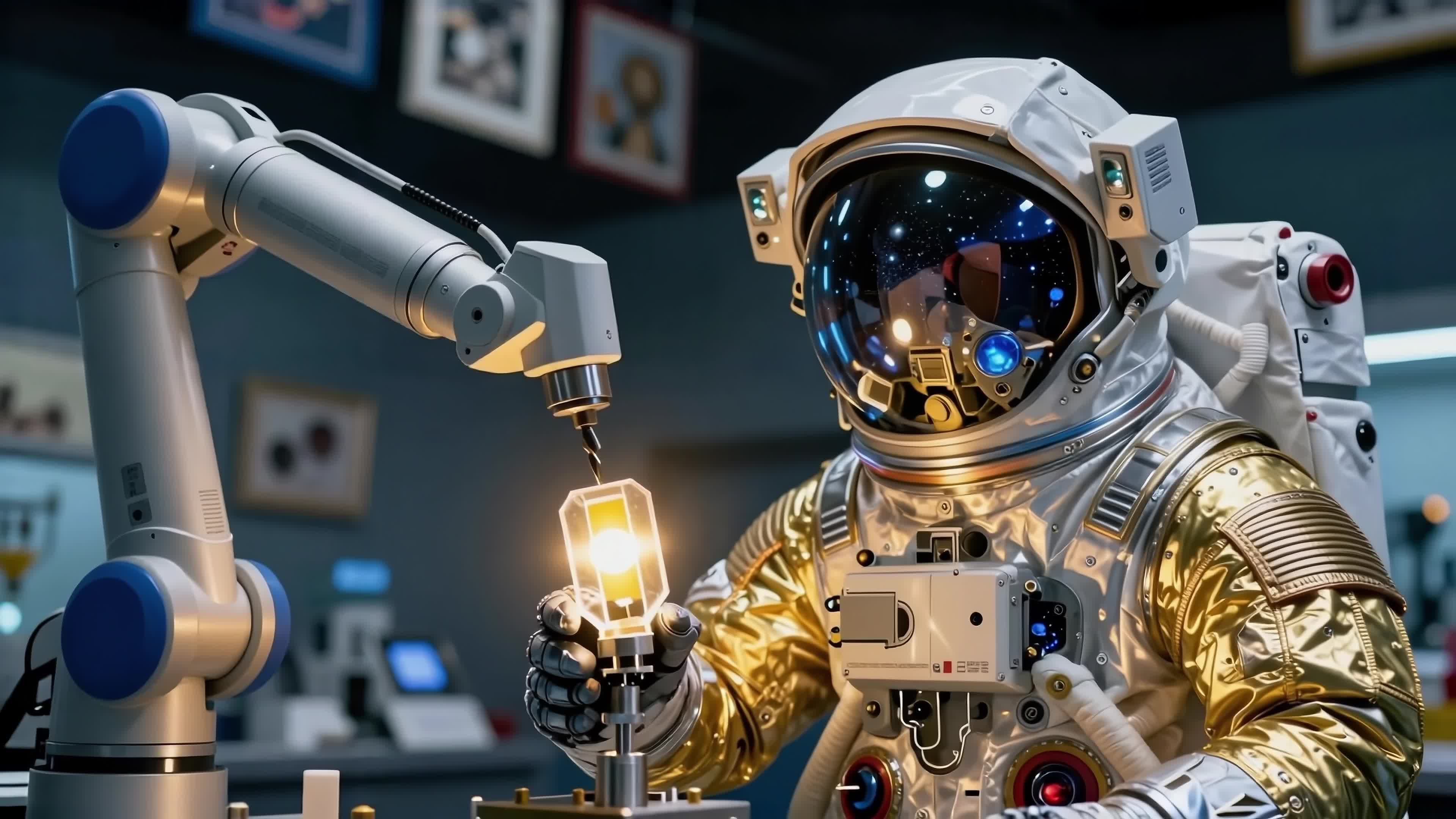 Gold-suited astronaut collaborating with robot arm crafting star-like crystal artifact on futuristic alien lab station - 4K video.
