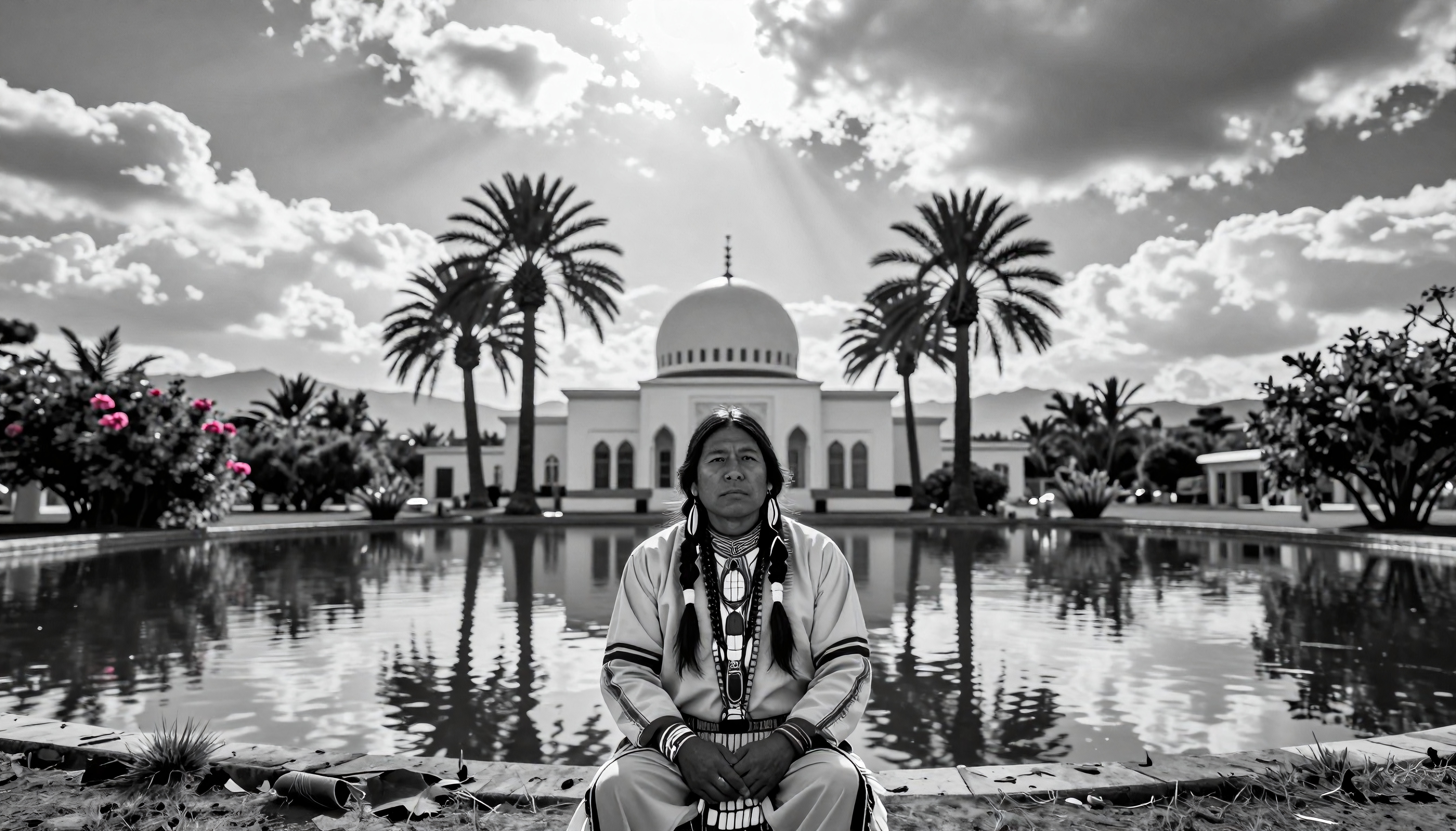Indigenous Individual Seated Before Serene Domed Structure and Reflecting Pool