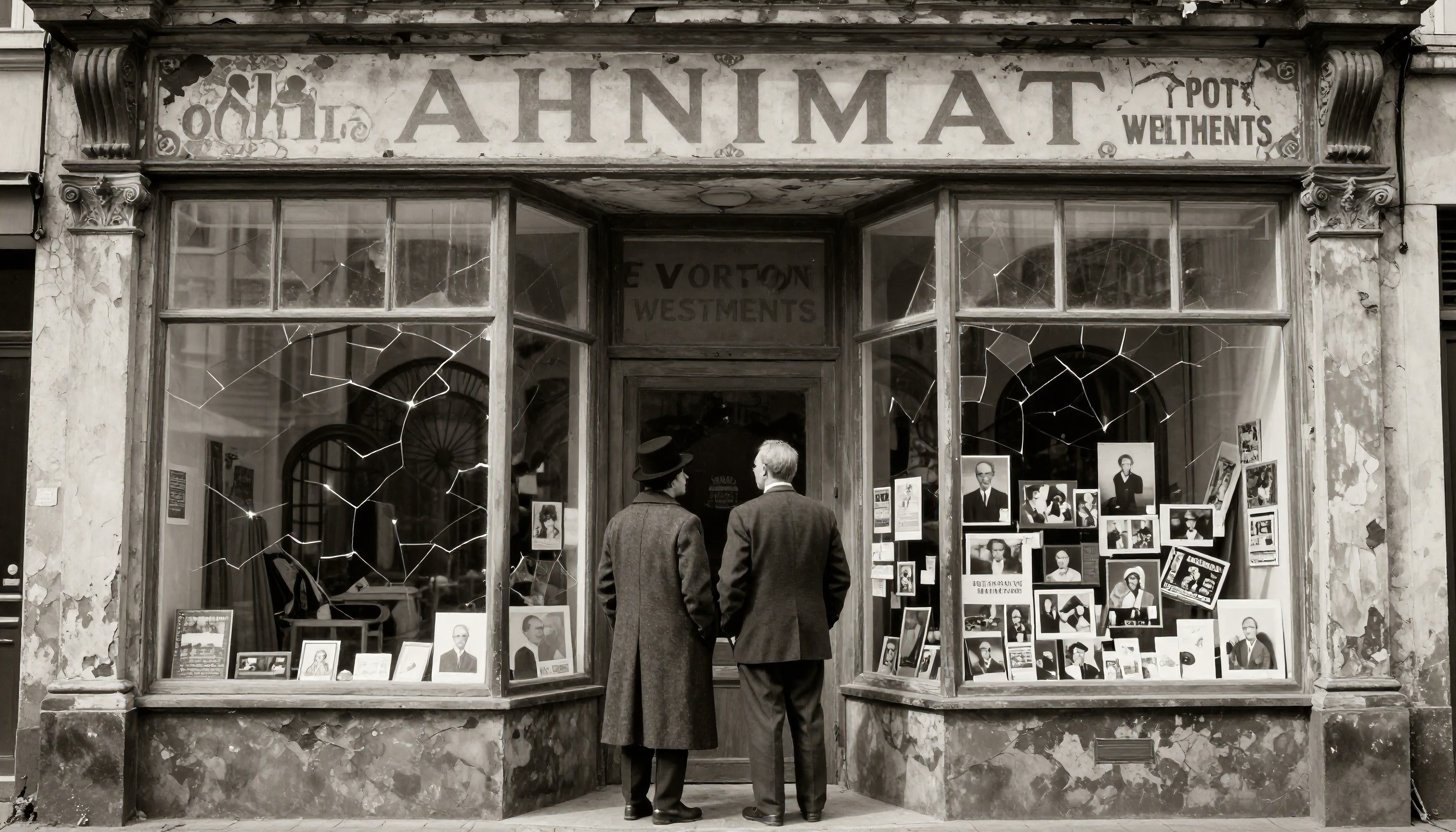 Vintage storefront with shattered glass and 'AHNIMAT' signage, featuring displayed photographs
