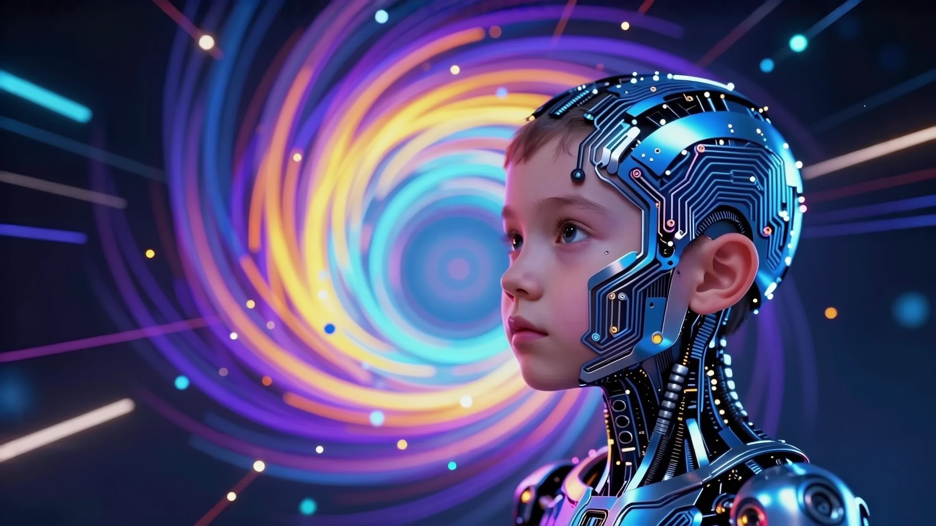 Futuristic robotic child staring mesmerized at glowing spiral portal in cyberpunk universe - 4K video.