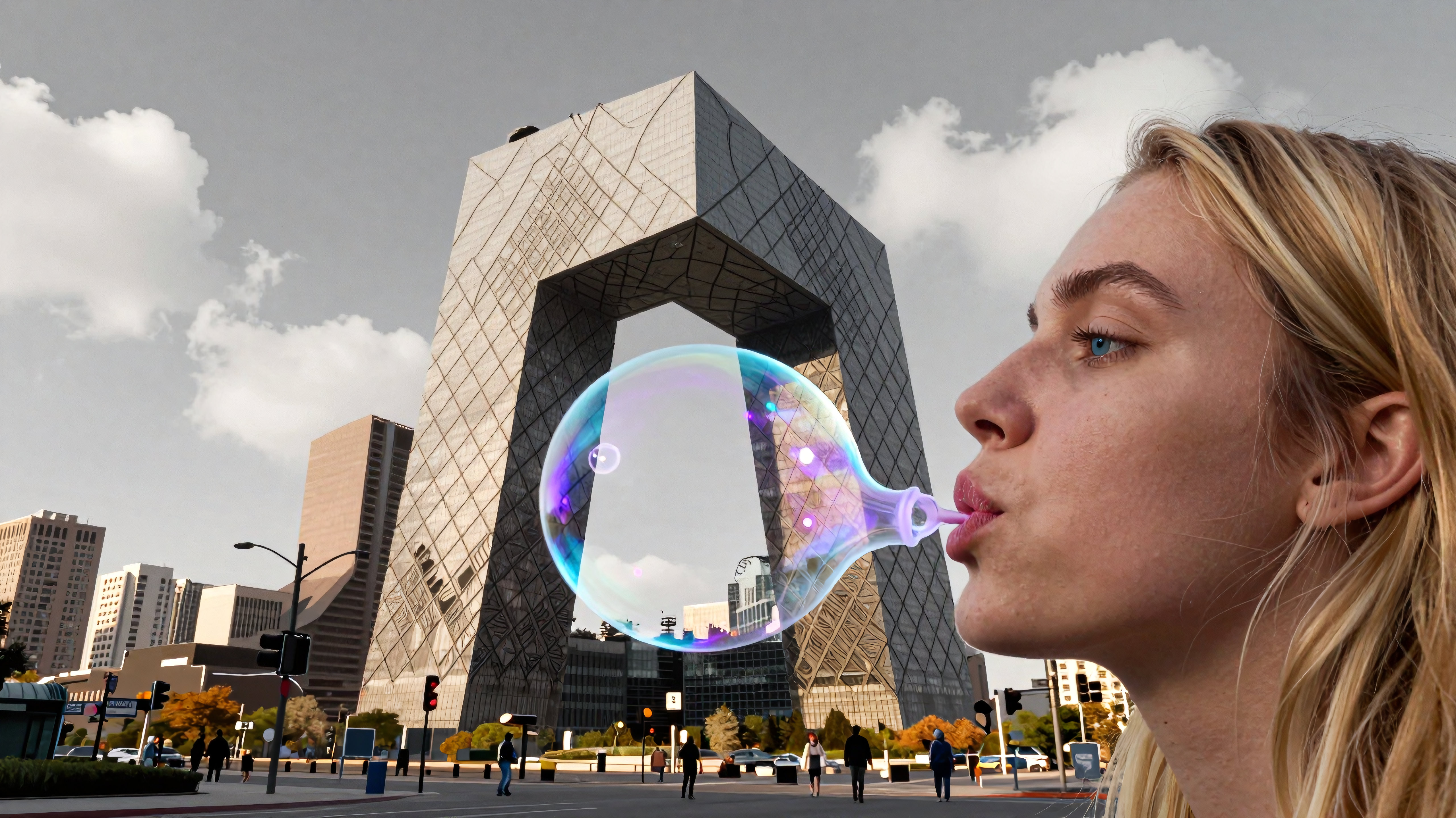 Blowing a Rainbow Bubble in Front of CCTV Headquarters, Beijing
