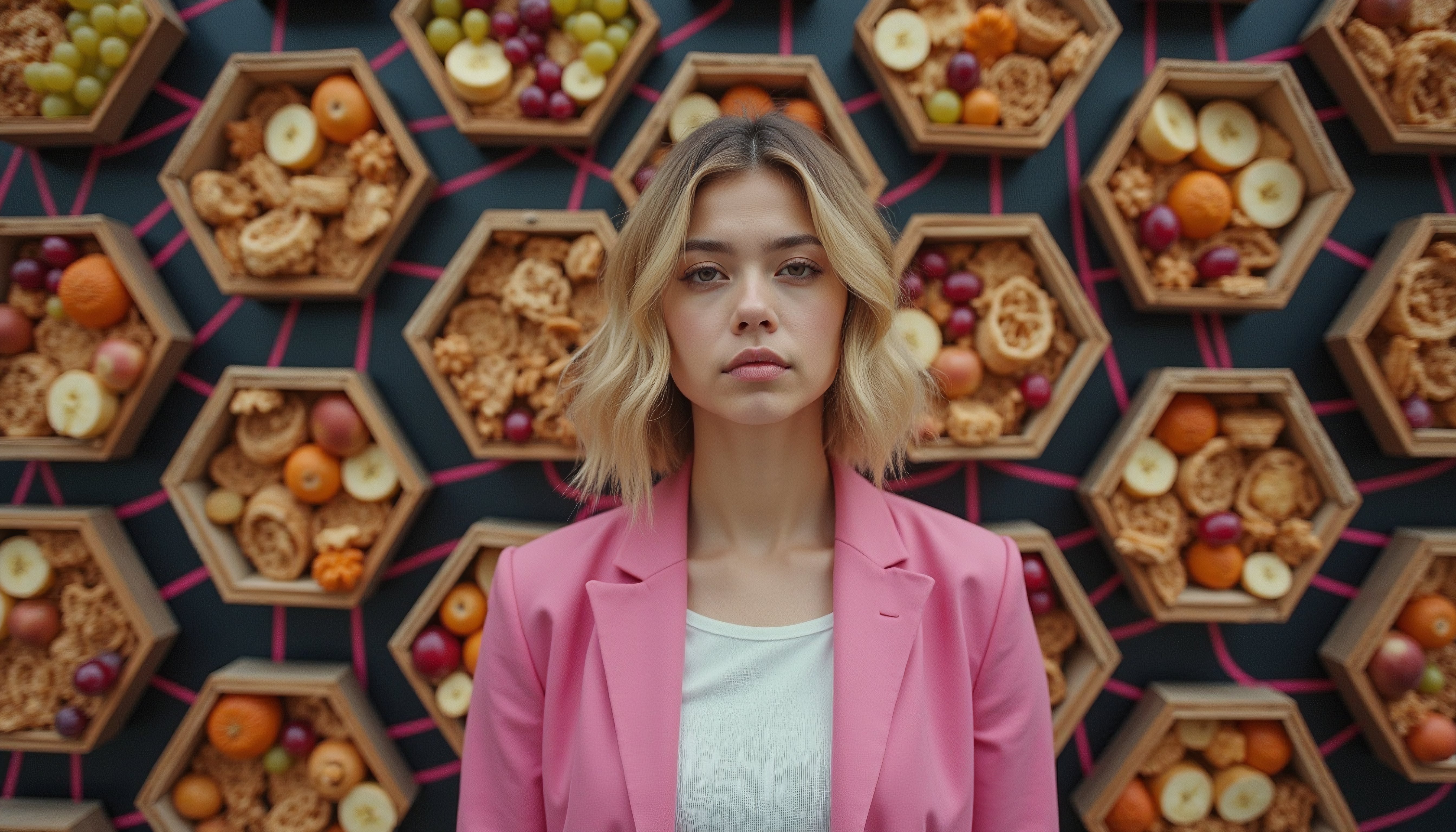 Professional woman in pink blazer against vibrant food-themed hexagonal backdrop