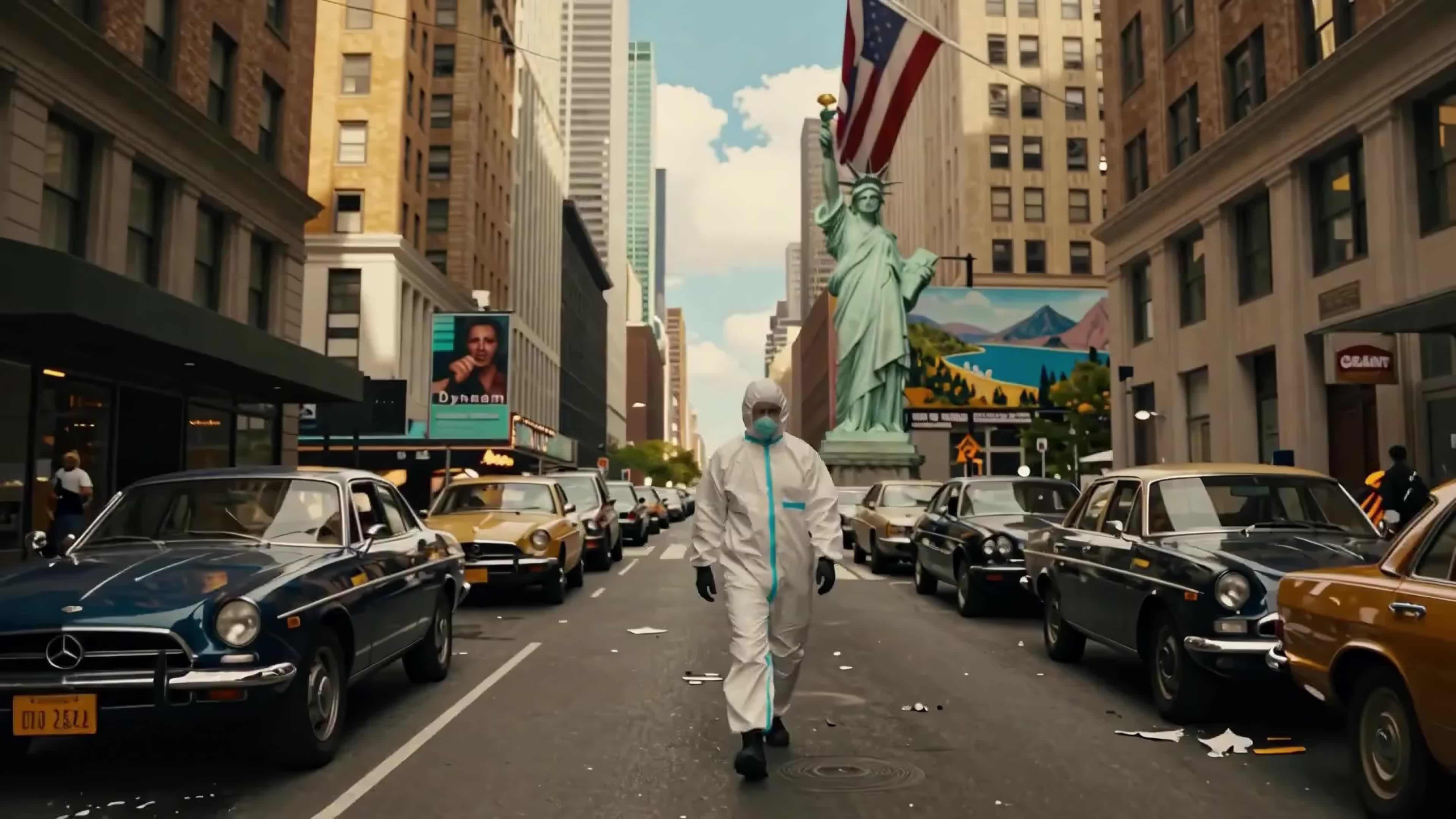 Statue of Liberty standing amidst busy NYC streets with vintage cars, skyscrapers, and dramatic weather effects - 4K video.
