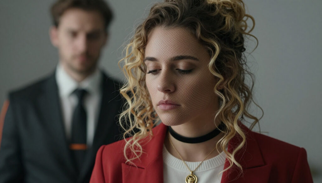 Contemplative Businesswoman in Red Blazer with Curly Blonde Hair