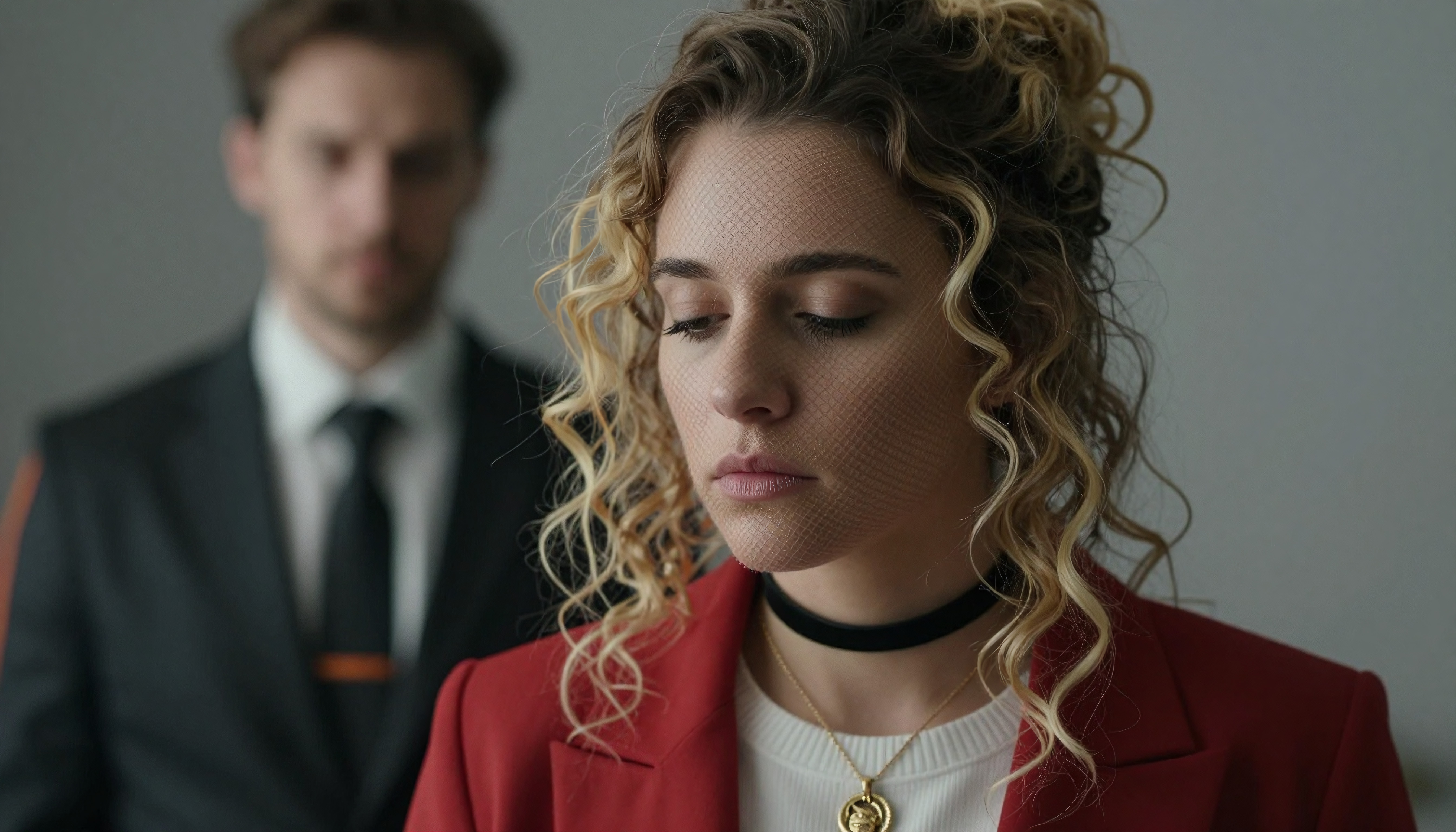 Contemplative Businesswoman in Red Blazer with Curly Blonde Hair