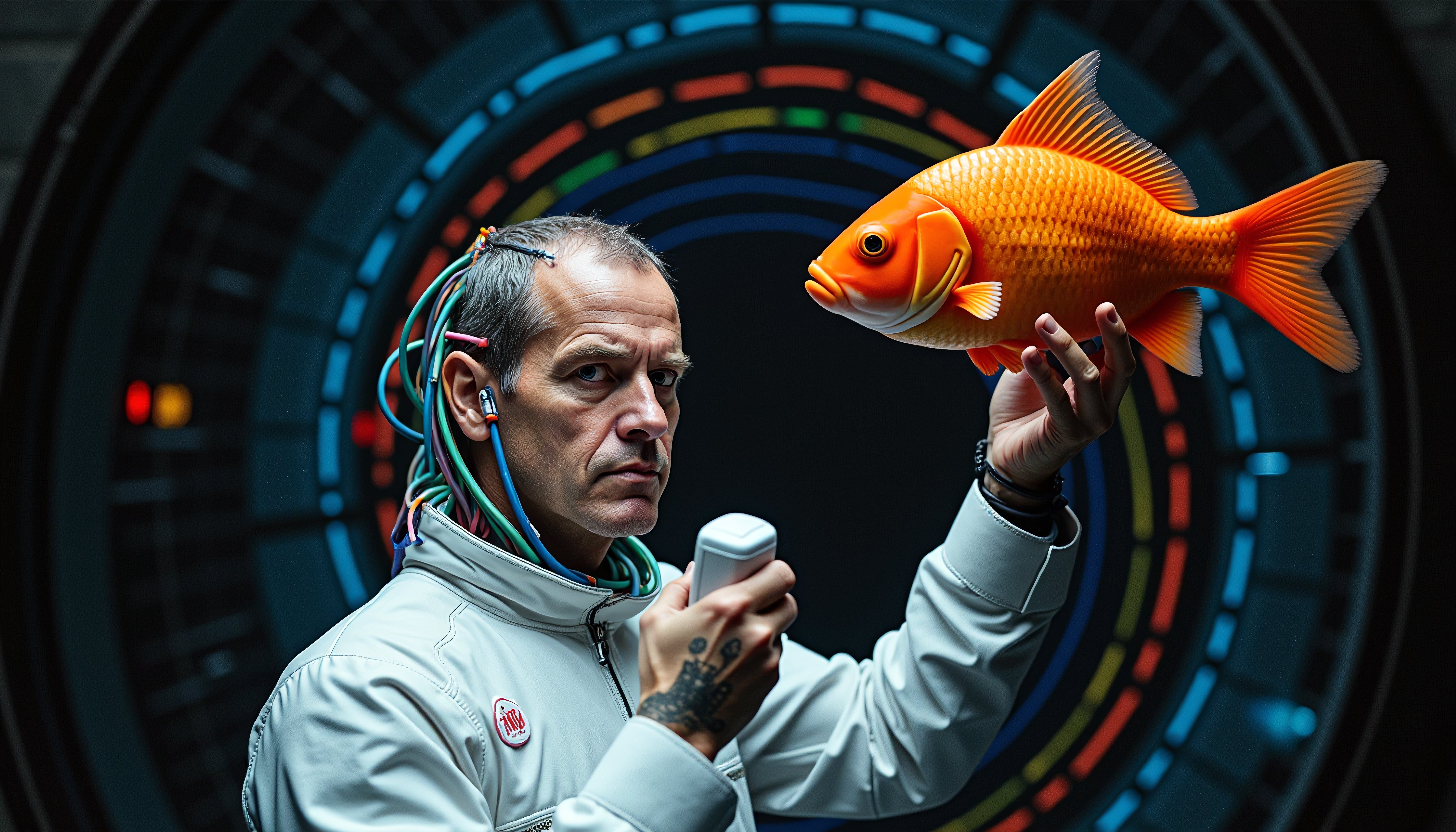 Futuristic Scientist Interacting with Digital Goldfish in Tech Laboratory