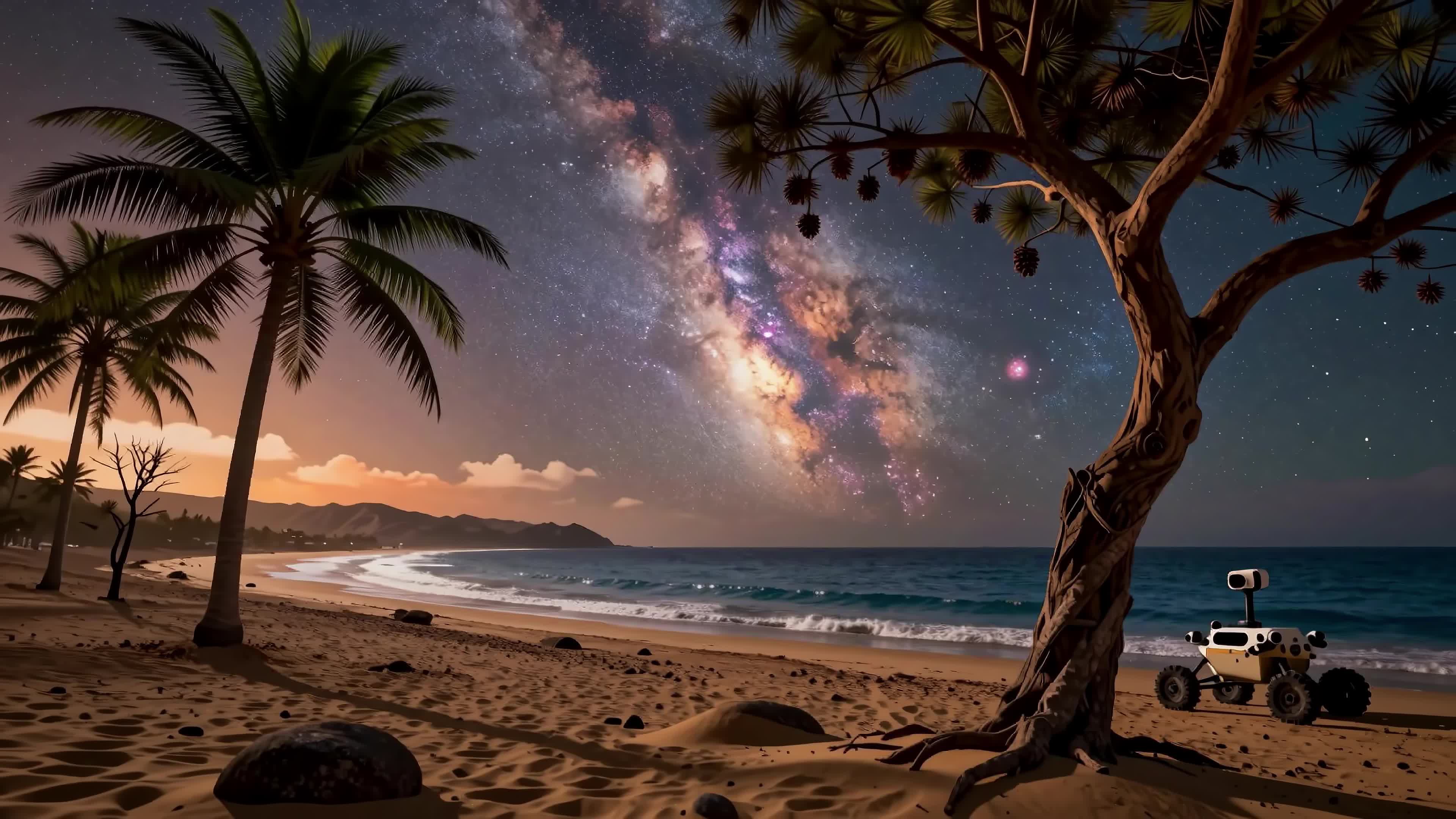 4K Video - Robotic rover exploring serene starry beach beneath glowing Milky Way galaxy among palm trees.