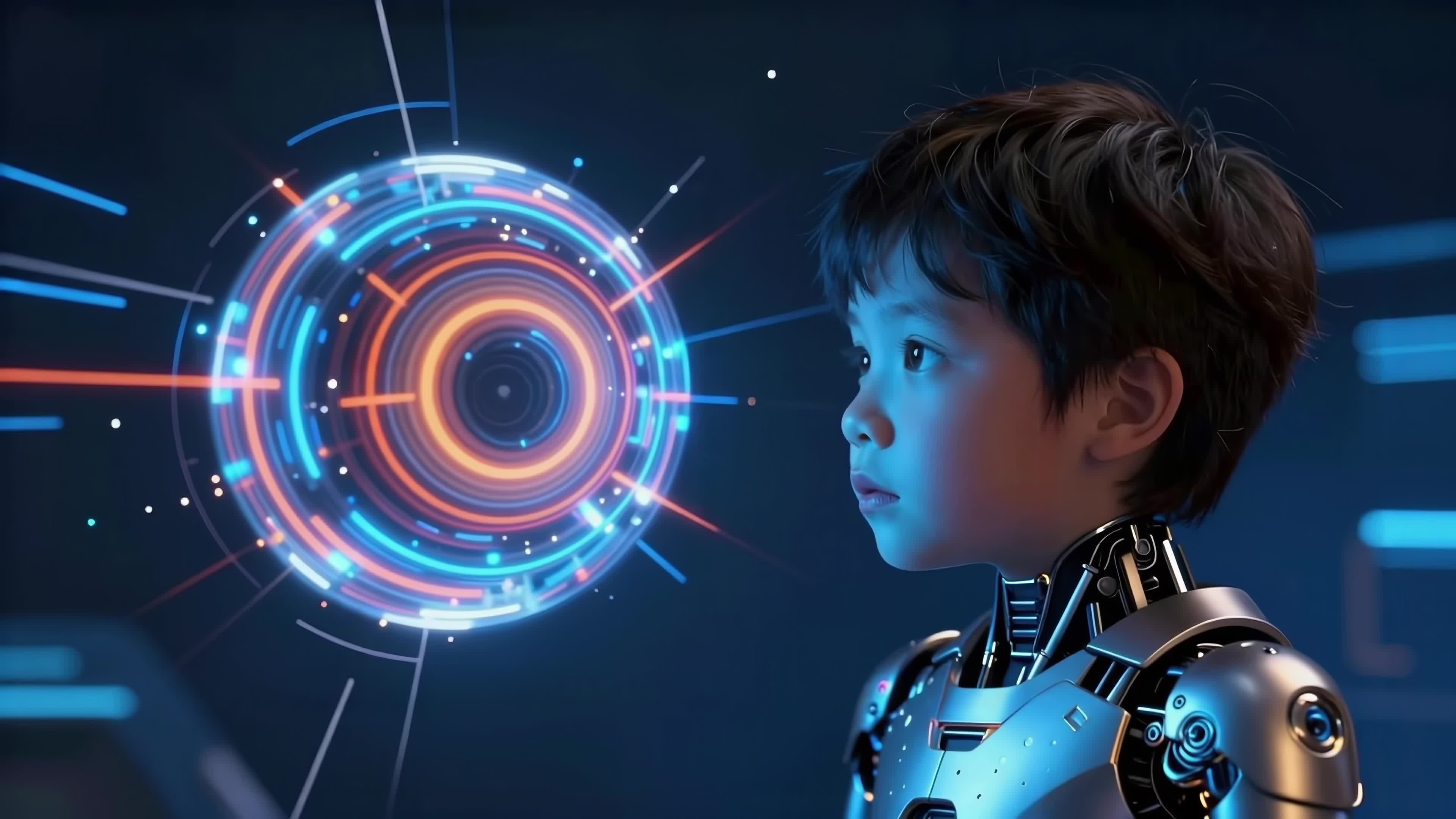 4K Video - Cyberpunk child staring at swirling holographic portal in futuristic sci-fi setting.