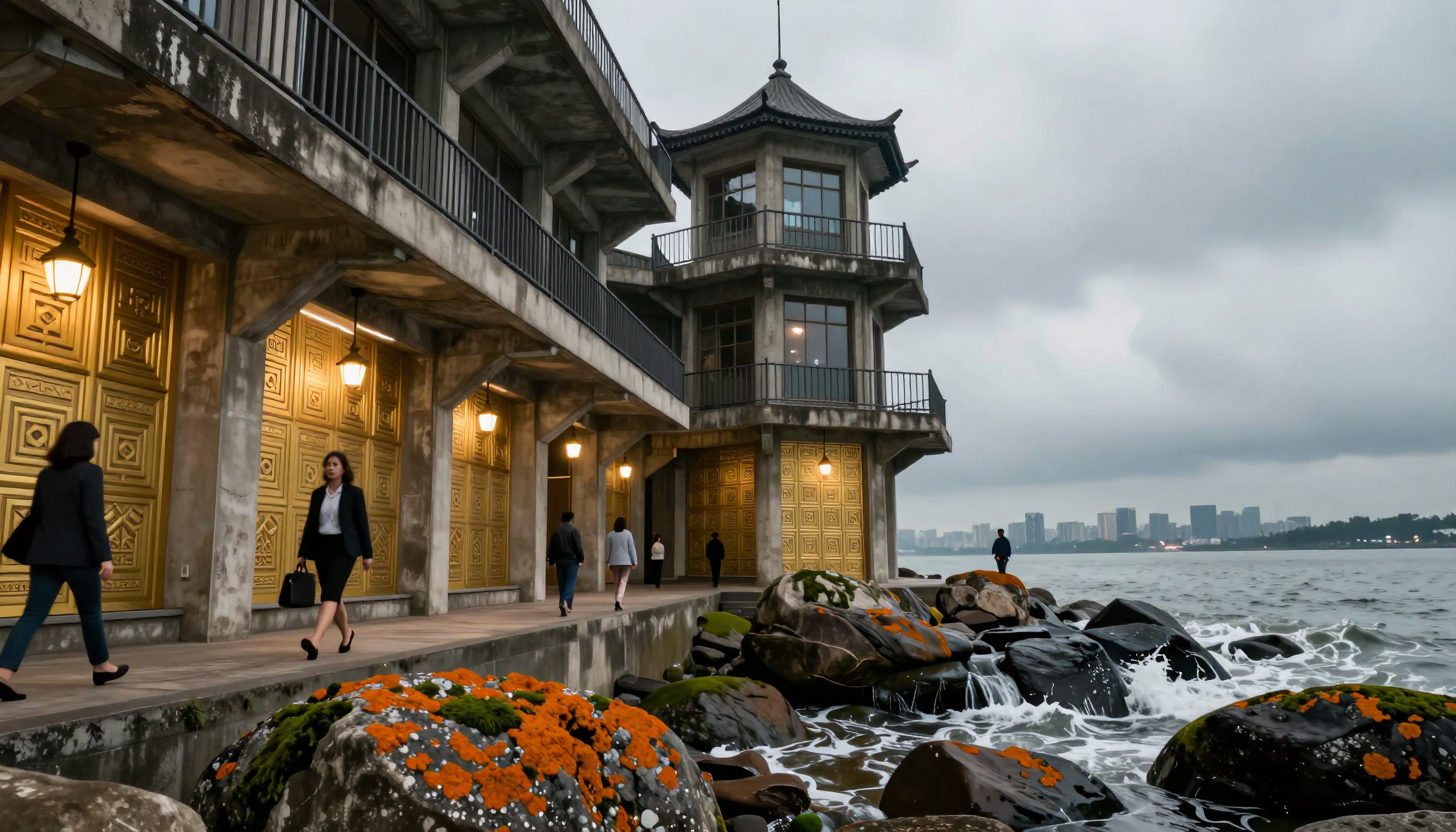 Coastal Architectural Complex with Urban Skyline and Rocky Shoreline