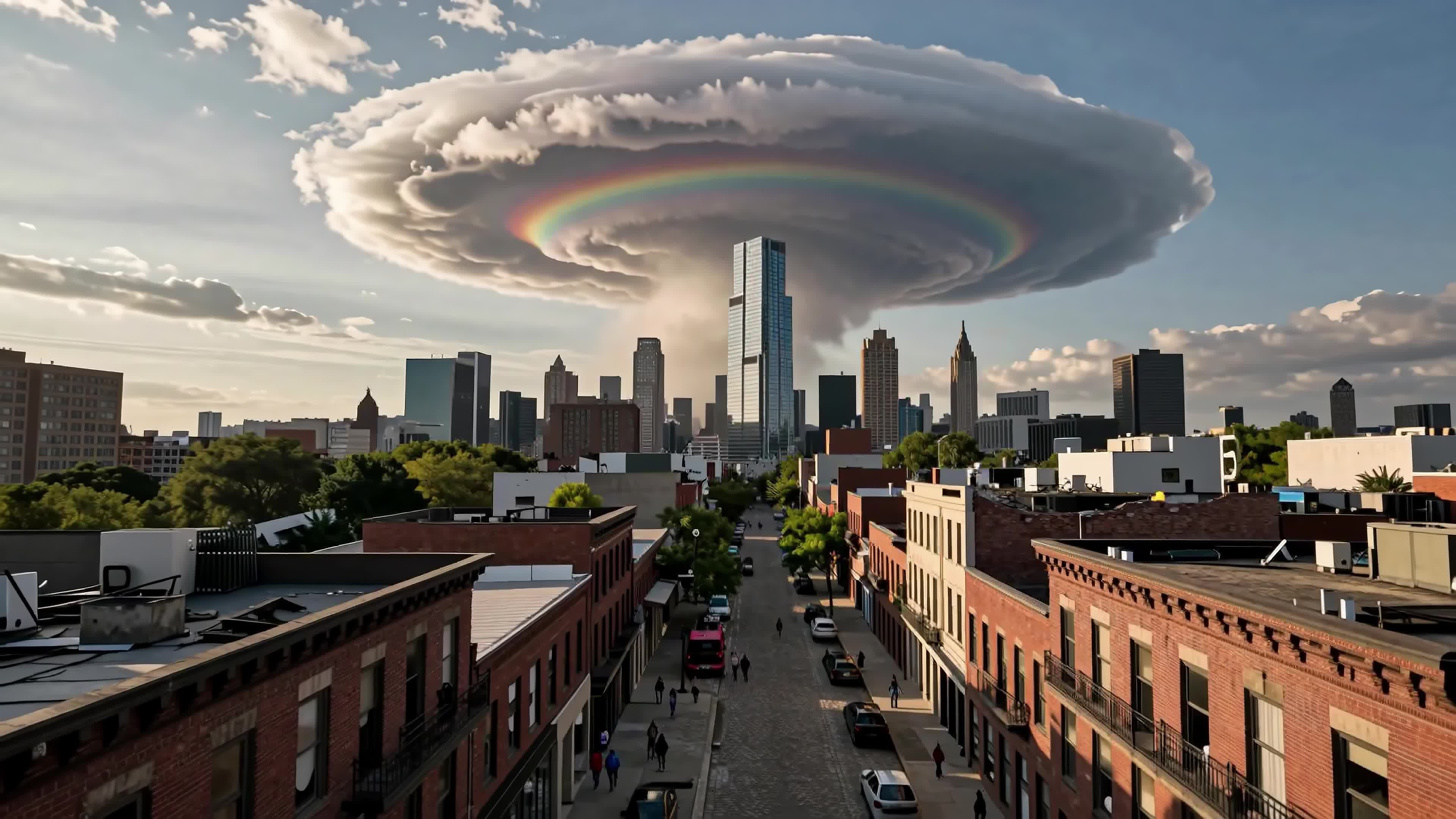 4K Video - A breathtaking urban sunset scene featuring a rainbow arching over brick-lined streets, tall skyscrapers, busy traffic, pedestrians, and nostalgic storefronts under a colorful twilight sky.