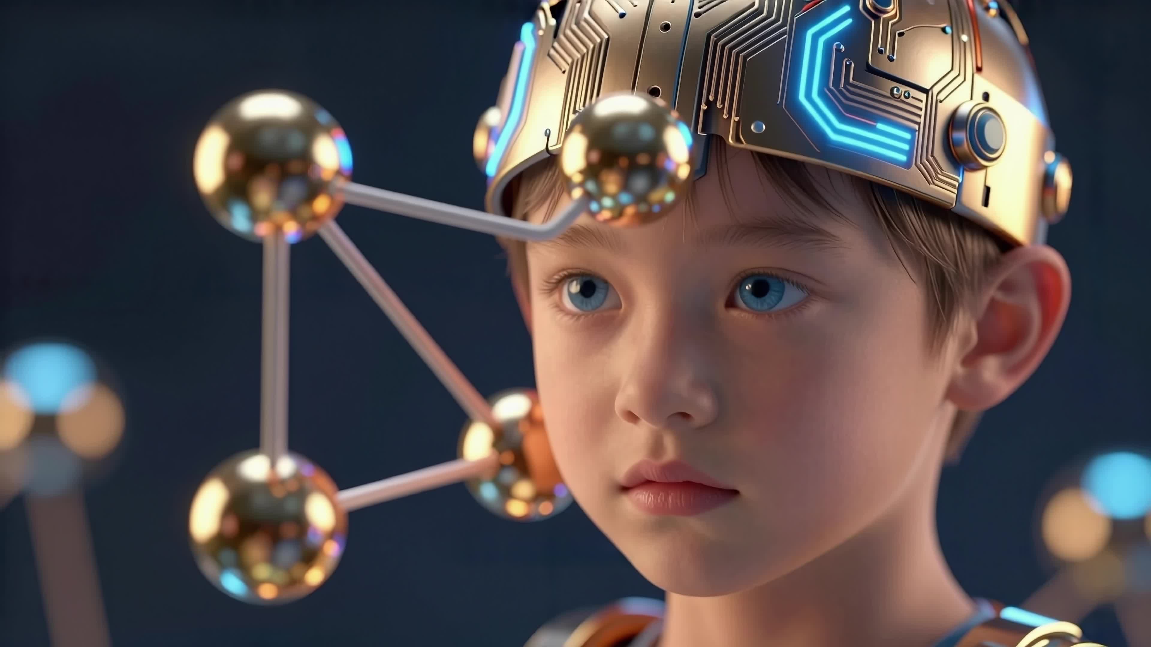 4K Video - Young boy wearing futuristic tech crown surrounded by floating atomic molecules in vibrant sci-fi setting.