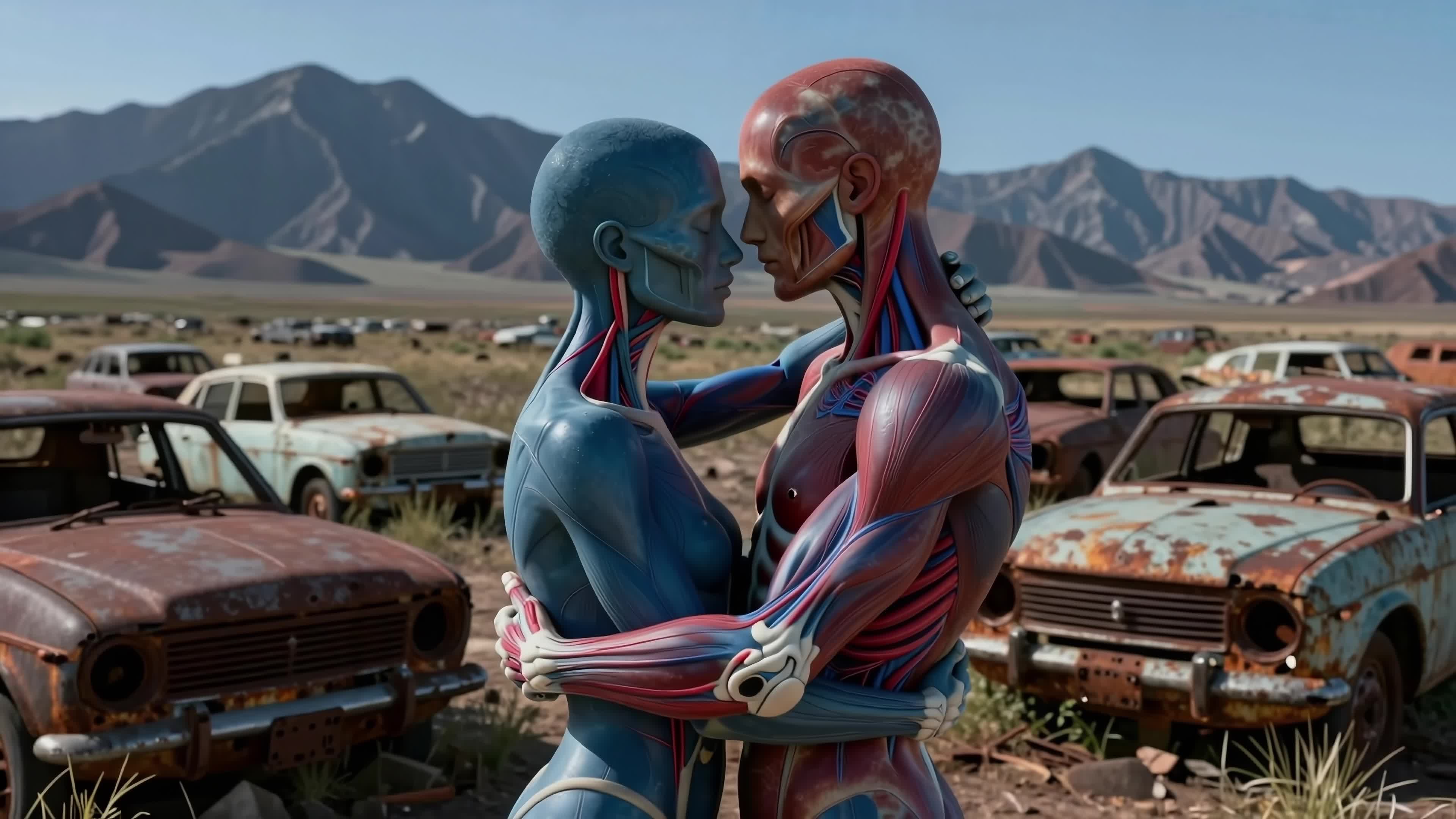4K Video - Anatomically accurate lovers embracing amidst abandoned vintage cars in a sunlit desert wasteland.