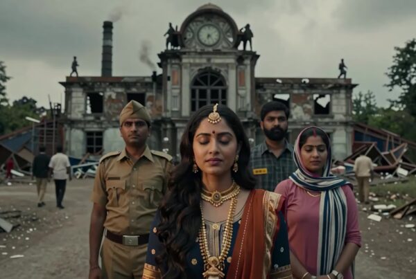 4K Video - Woman in gold jewelry walking past ruins with two guards near historic clocktower.