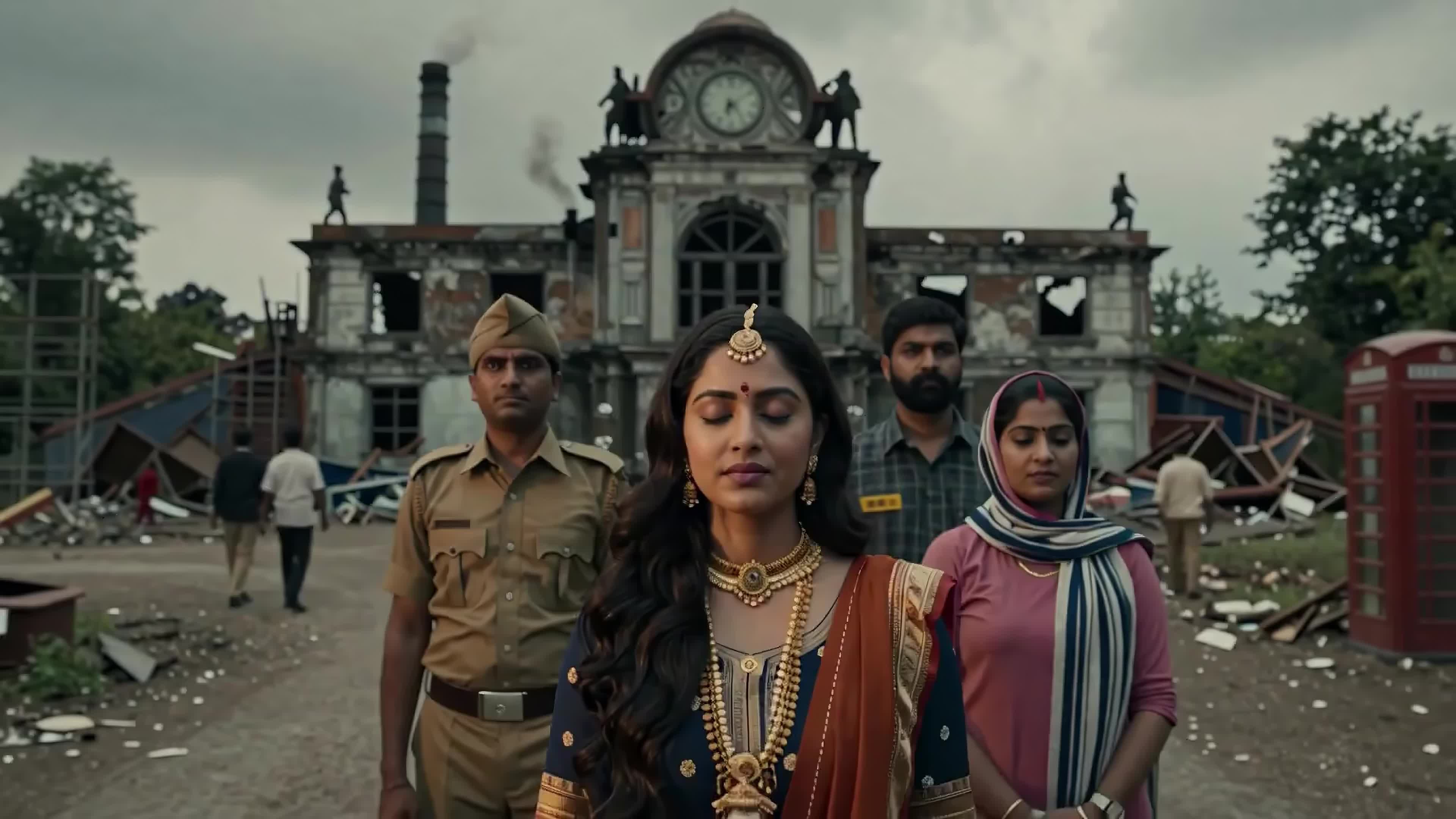 4K Video - Woman in gold jewelry walking past ruins with two guards near historic clocktower.