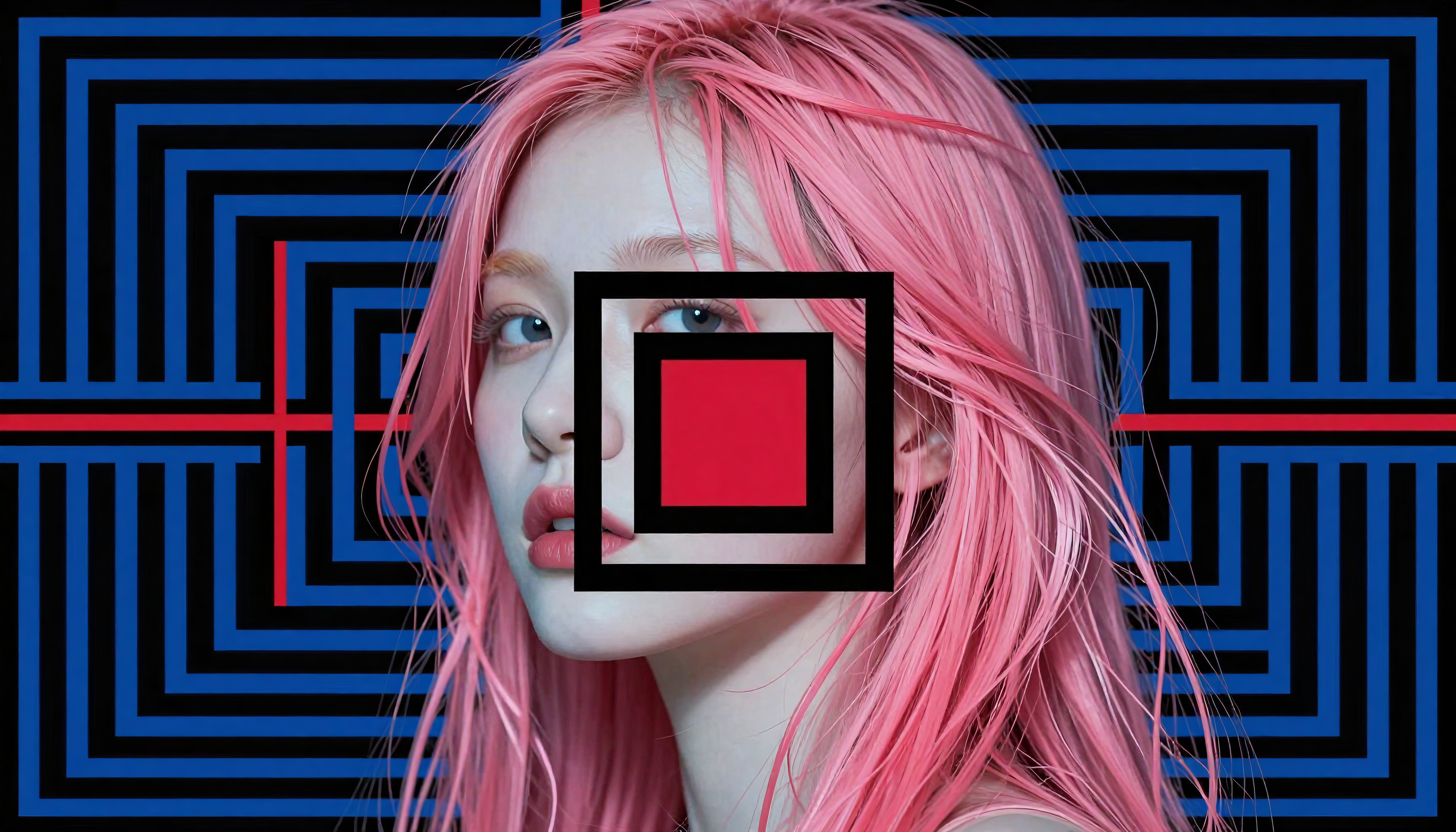 Pink-Haired Individual with Geometric Pattern Background