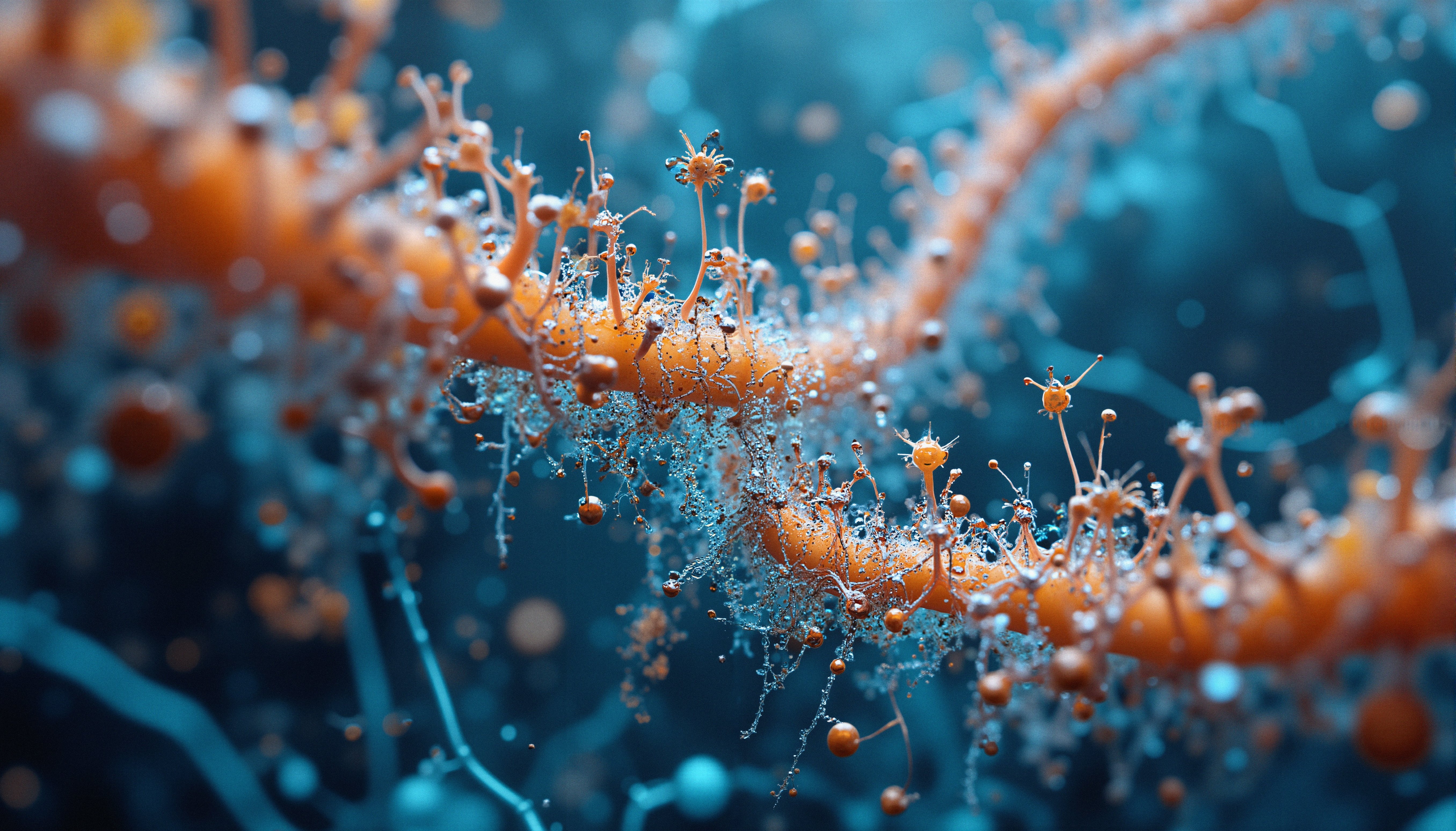 Microscopic Biological Structures with Warm Orange and Cool Blue Hues