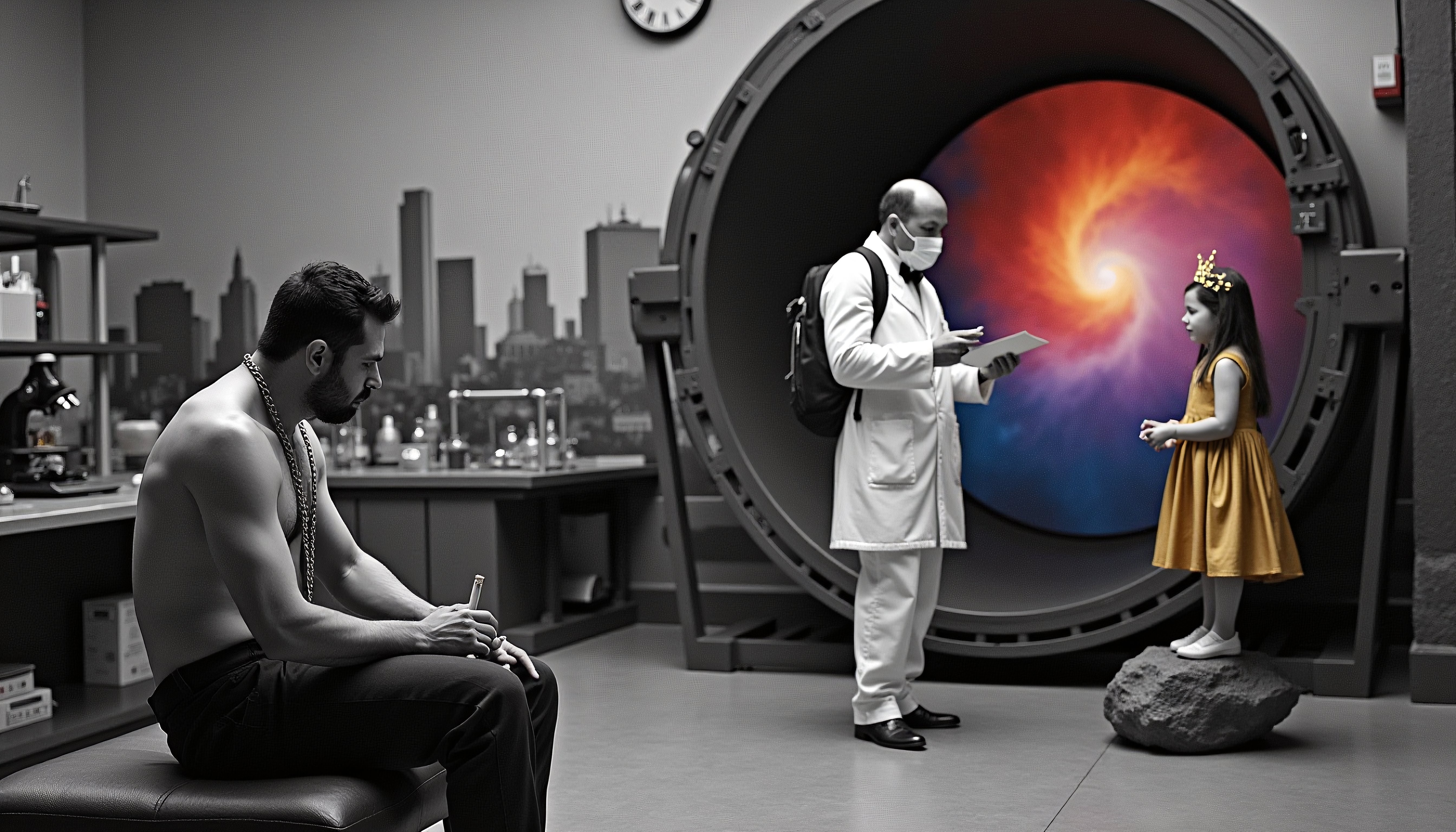Sci-Fi Lab Scene with Astronaut and Child Near Wormhole
